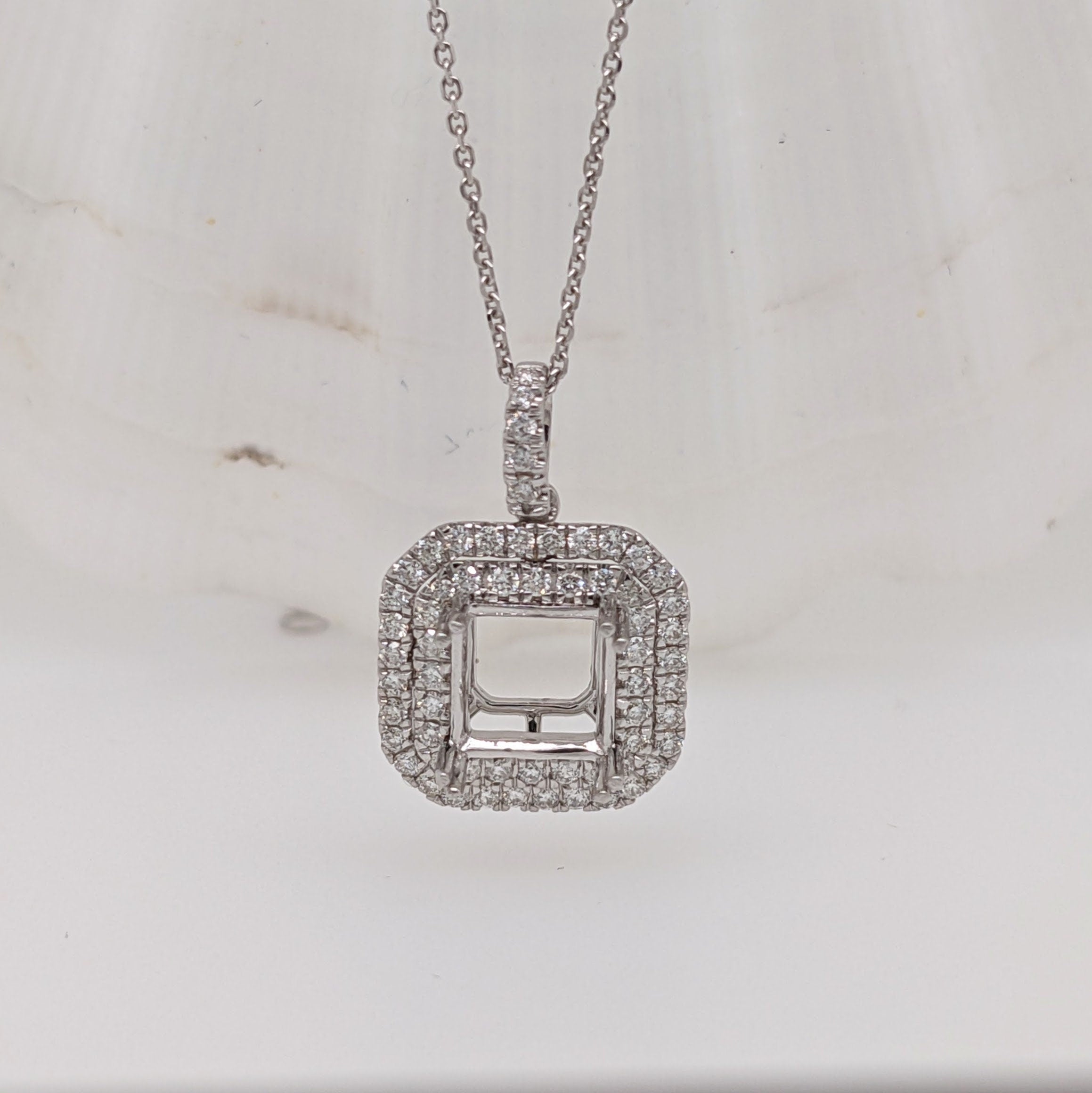 Pendants-Cute Double Halo Pendant Setting W Natural Diamond Accents in 14K Solid Gold | Princess Cut 6mm 7mm 8mm | Daily Wear | Customizable - NNJGemstones