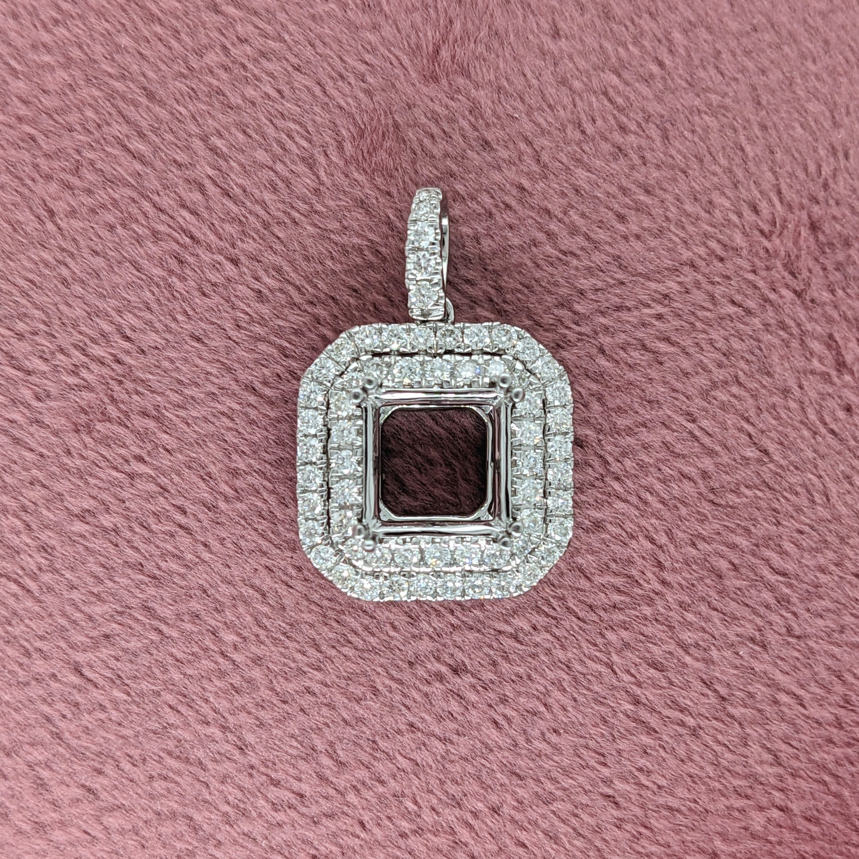 Pendants-Cute Double Halo Pendant Setting W Natural Diamond Accents in 14K Solid Gold | Princess Cut 6mm 7mm 8mm | Daily Wear | Customizable - NNJGemstones