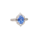 Engagement Rings-Ceylon Sapphire w Diamond Halo in Solid 14k White Gold | Round Diamond Accents | Oval 9x7mm | Anniversary Wedding Engagement - NNJGemstones