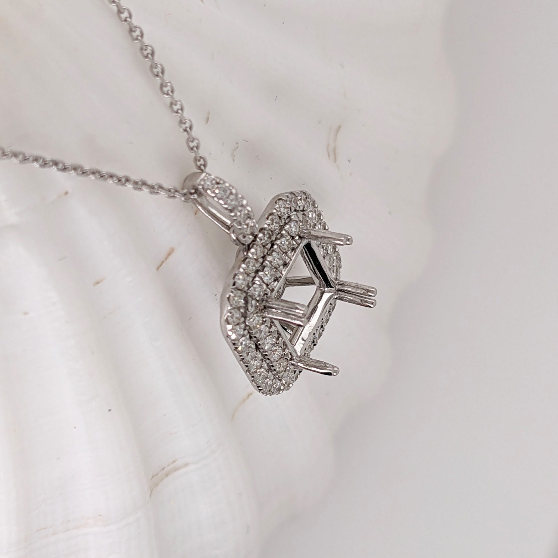 Pendants-Cute Double Halo Pendant Setting W Natural Diamond Accents in 14K Solid Gold | Princess Cut 6mm 7mm 8mm | Daily Wear | Customizable - NNJGemstones