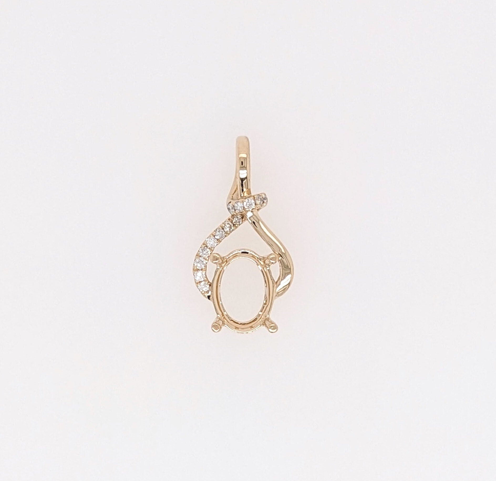 Pendants-Unique Asymmetrical Pendant Setting W Pave Diamond Detail in 14K Solid Gold | Oval Shape 7x5 8x6 9x7 | Gemstone Necklace | Customizable - NNJGemstones