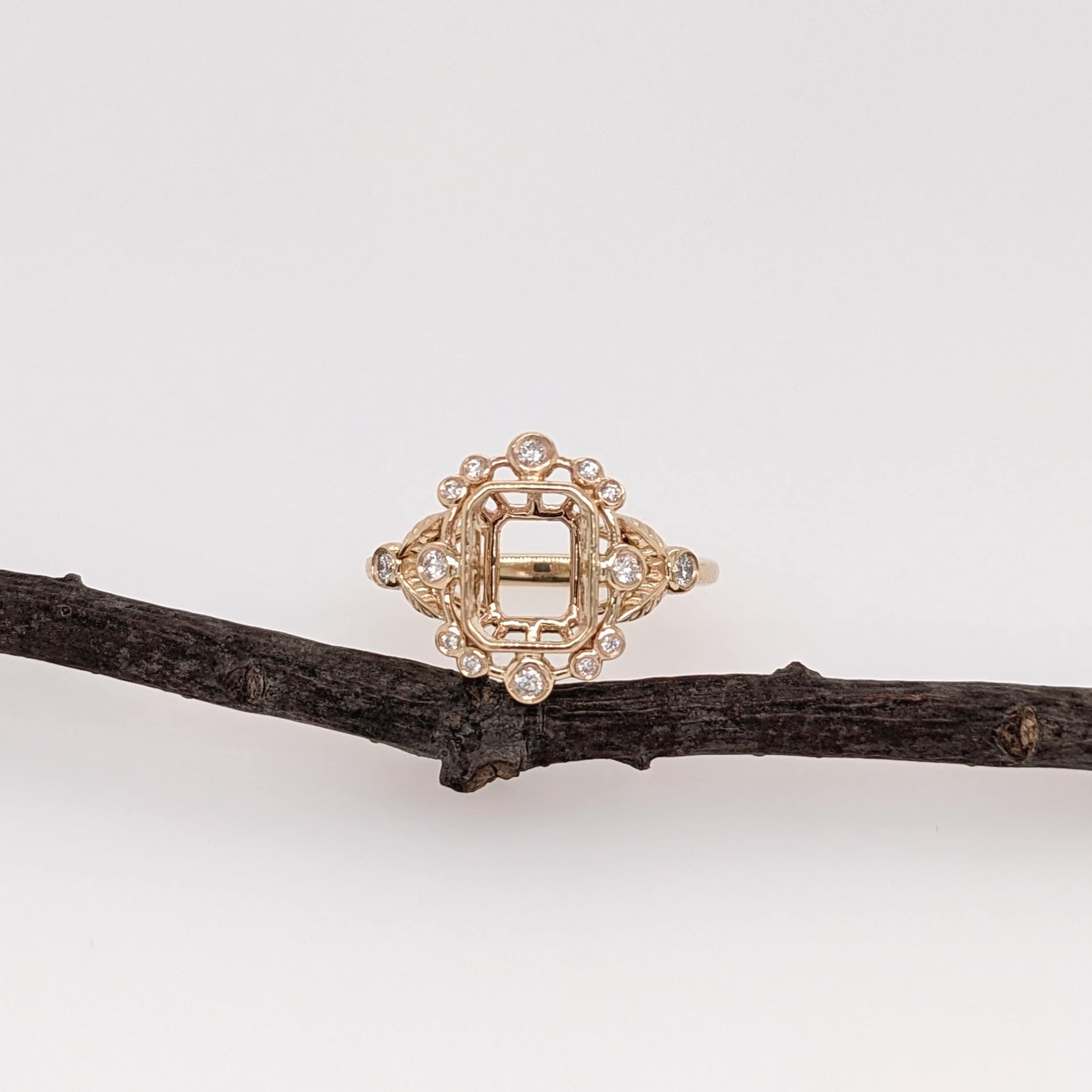 Statement Rings-Vintage Inspire Ring Setting W Earth Mined Diamond Accents in 14K Solid Gold | Emerald 7x5 8x6 9x7 | Gemstone Ring Setting | Customizable - NNJGemstones