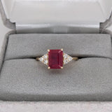 Stunning Bright Red Ruby Ring | Solid 14K Gold | Natural Diamond | Emerald Cut 8x6mm