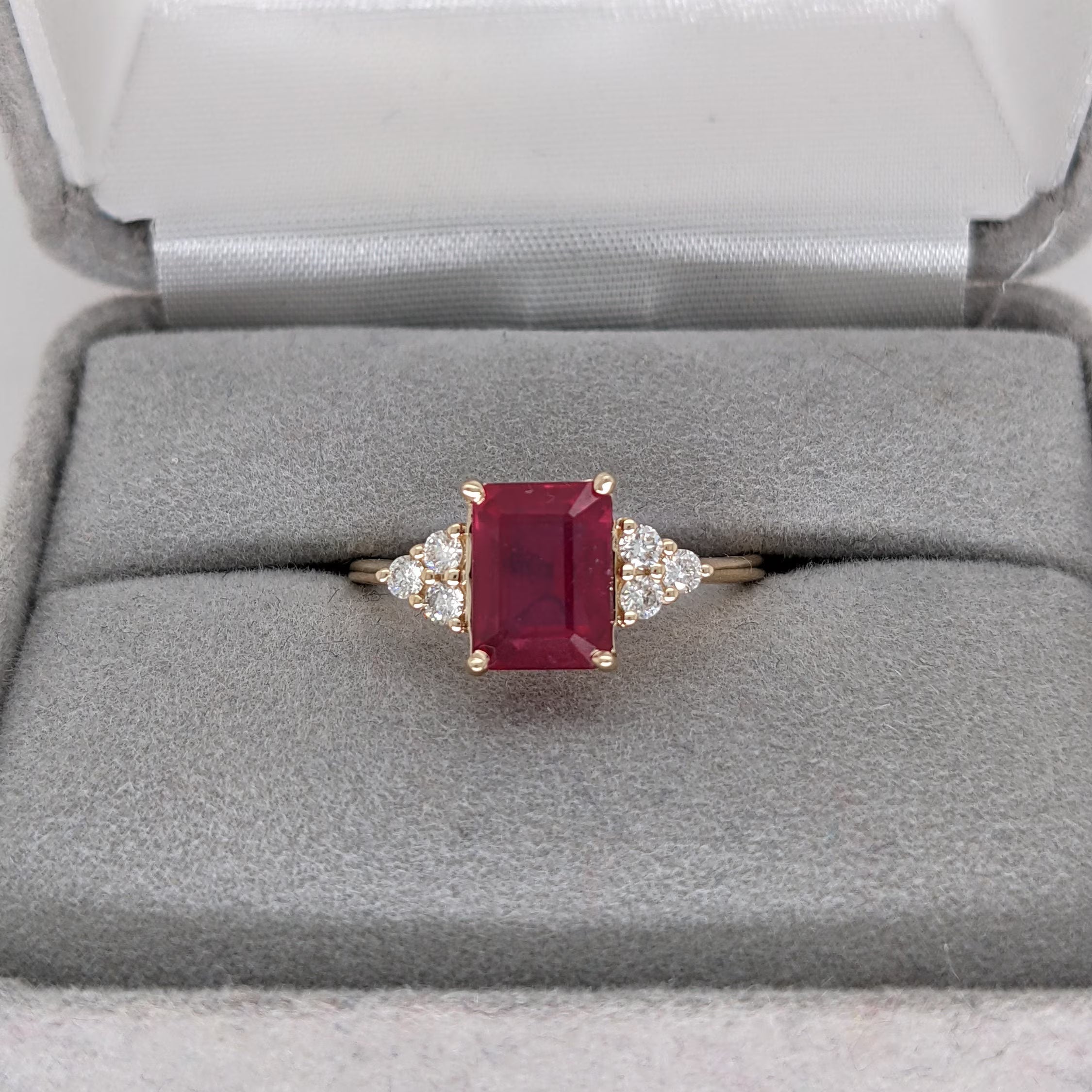 Stunning Bright Red Ruby Ring | Solid 14K Gold | Natural Diamond | Emerald Cut 8x6mm