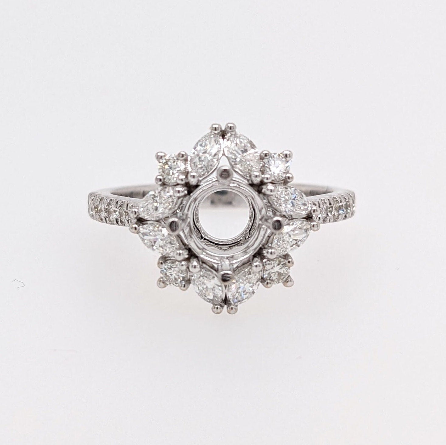 Statement Rings-Vintage Snowflake Ring Setting W Marquise & Round Diamond Accents in 14K Solid Gold | Round Shape 5mm 6mm 7mm 8mm 9mm 10mm | Customizable - NNJGemstones