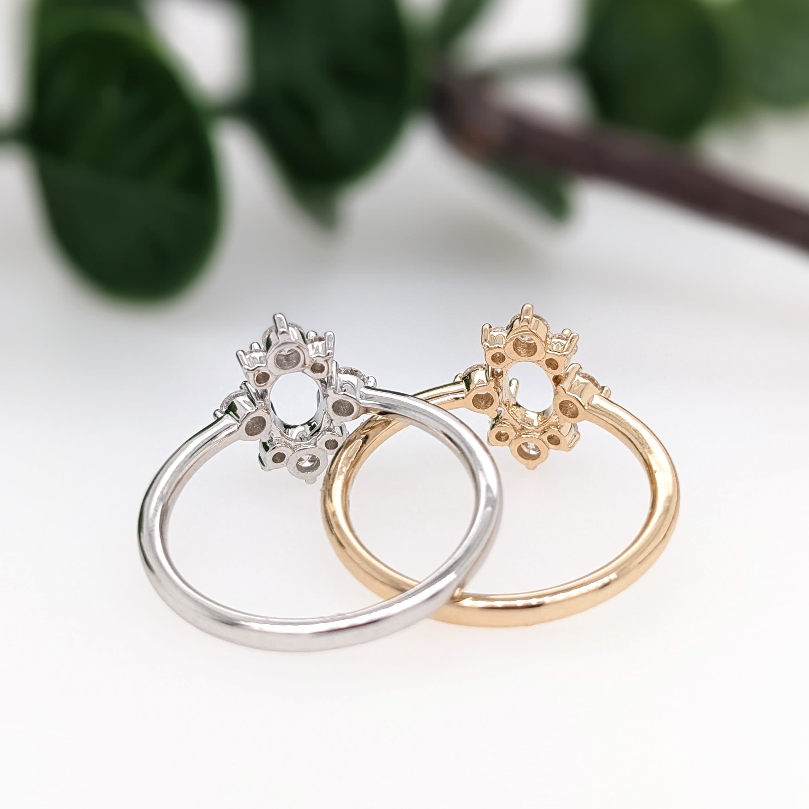 Statement Rings-Pretty Sunburst Ring Semi Mount in 14K Solid Gold W Natural Diamond Accents | Oval Shape | Gemstone Setting | Art Deco | Customizable - NNJGemstones