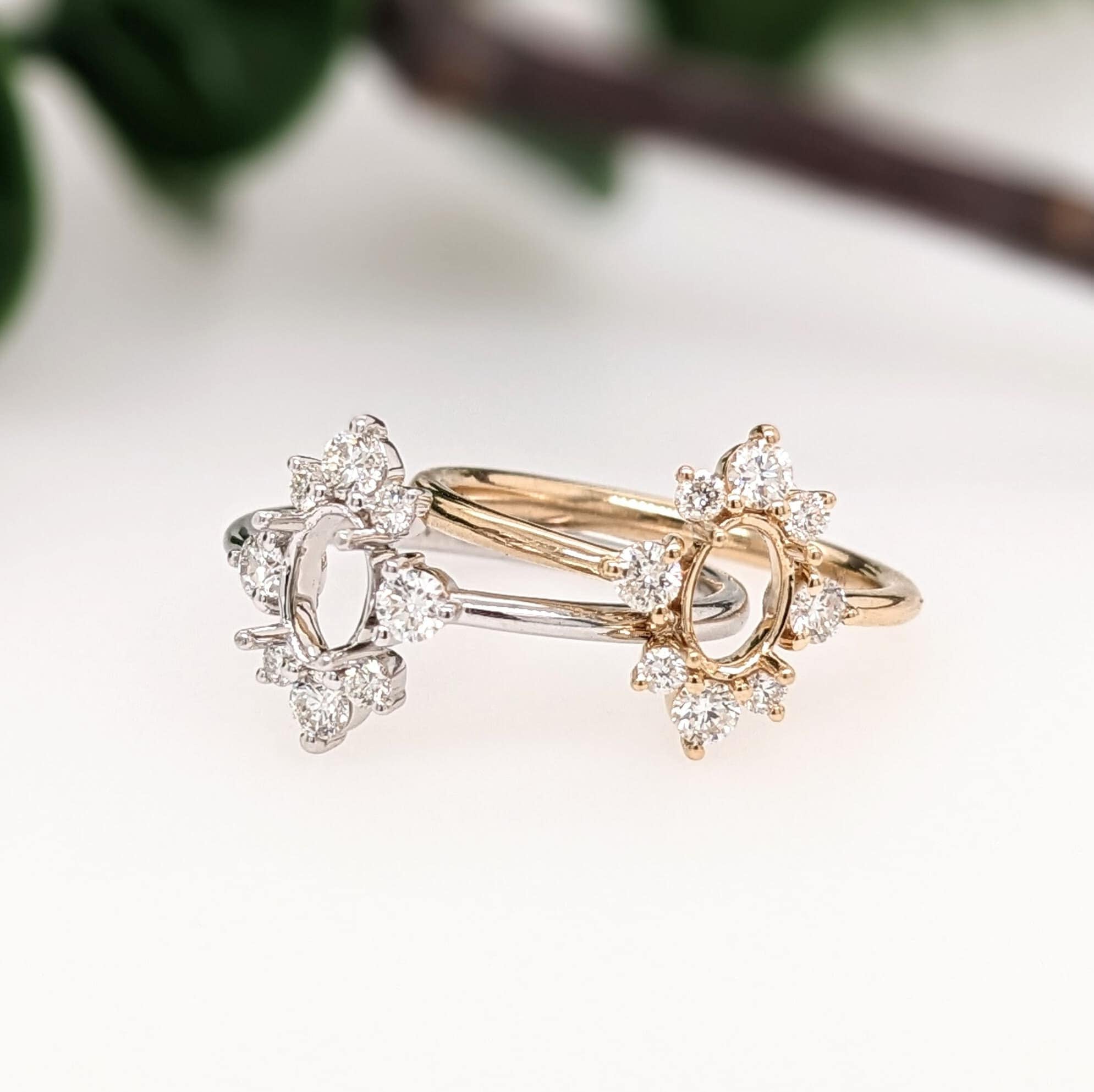 Statement Rings-Pretty Sunburst Ring Semi Mount in 14K Solid Gold W Natural Diamond Accents | Oval Shape | Gemstone Setting | Art Deco | Customizable - NNJGemstones