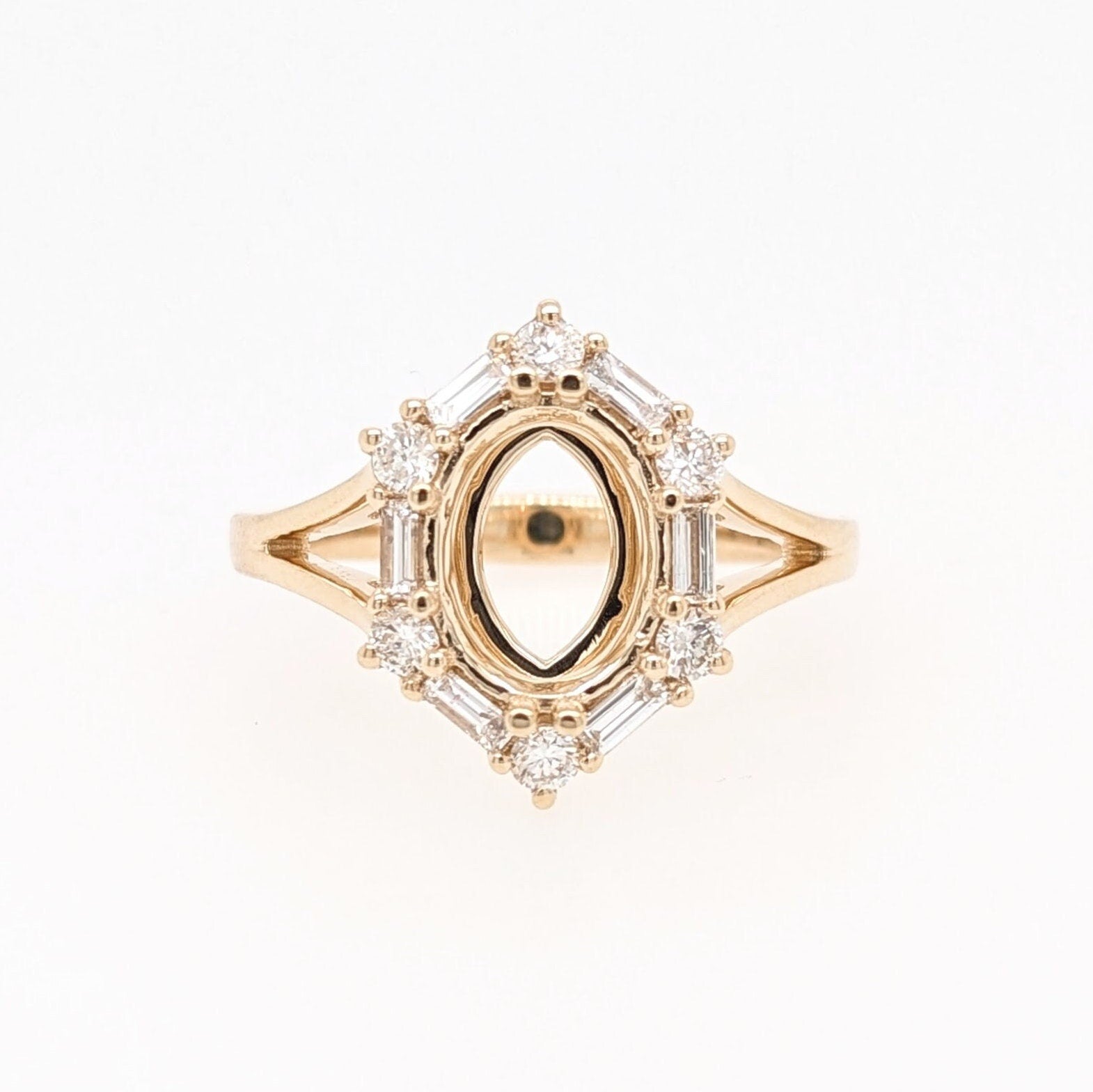 Statement Rings-Statement Ring Setting with Natural Round and Baguette Diamond Accents in 14K Solid Gold | Oval Shape 8x6 9x7 10x8 | Customizable - NNJGemstones