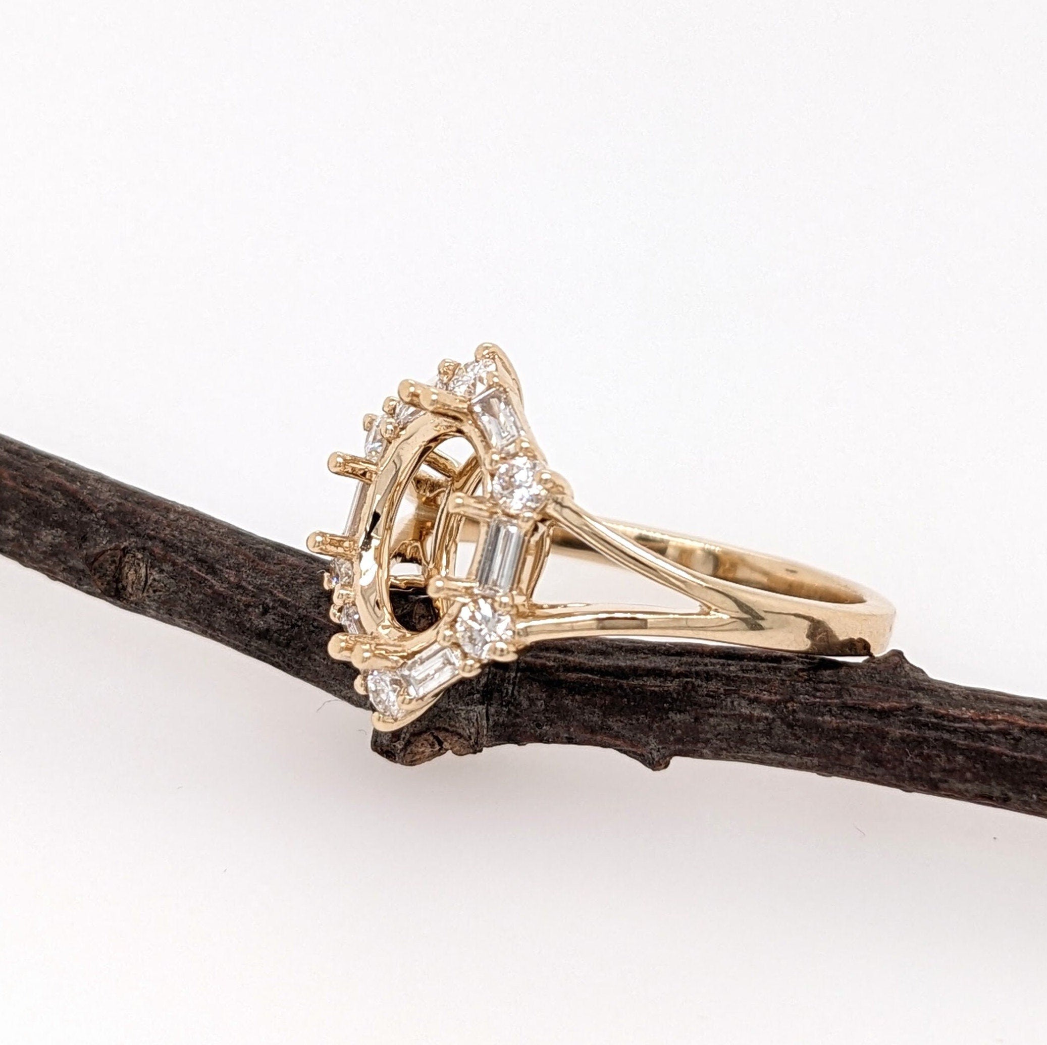 Statement Rings-Statement Ring Setting with Natural Round and Baguette Diamond Accents in 14K Solid Gold | Oval Shape 8x6 9x7 10x8 | Customizable - NNJGemstones