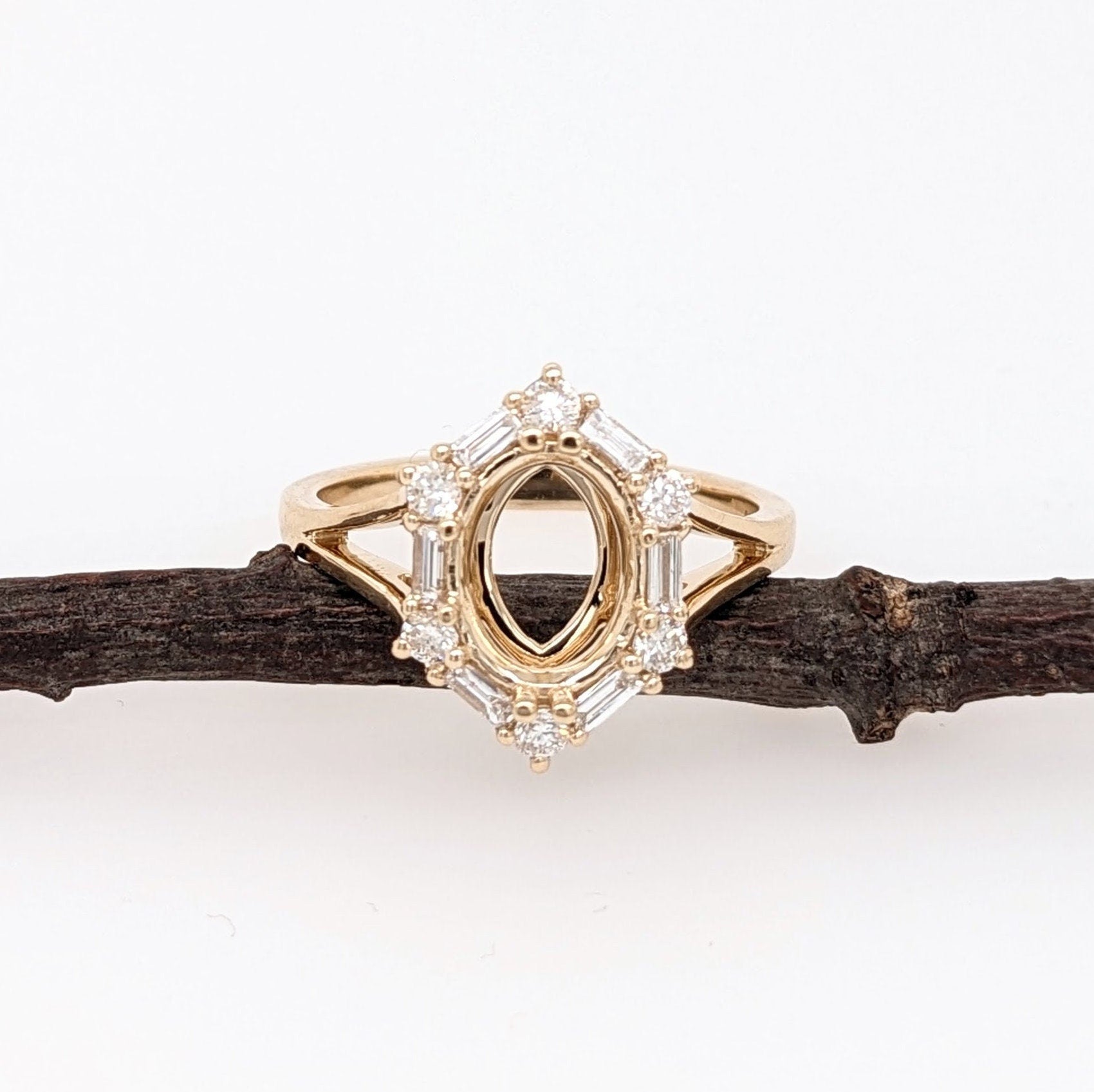 Statement Rings-Statement Ring Setting with Natural Round and Baguette Diamond Accents in 14K Solid Gold | Oval Shape 8x6 9x7 10x8 | Customizable - NNJGemstones