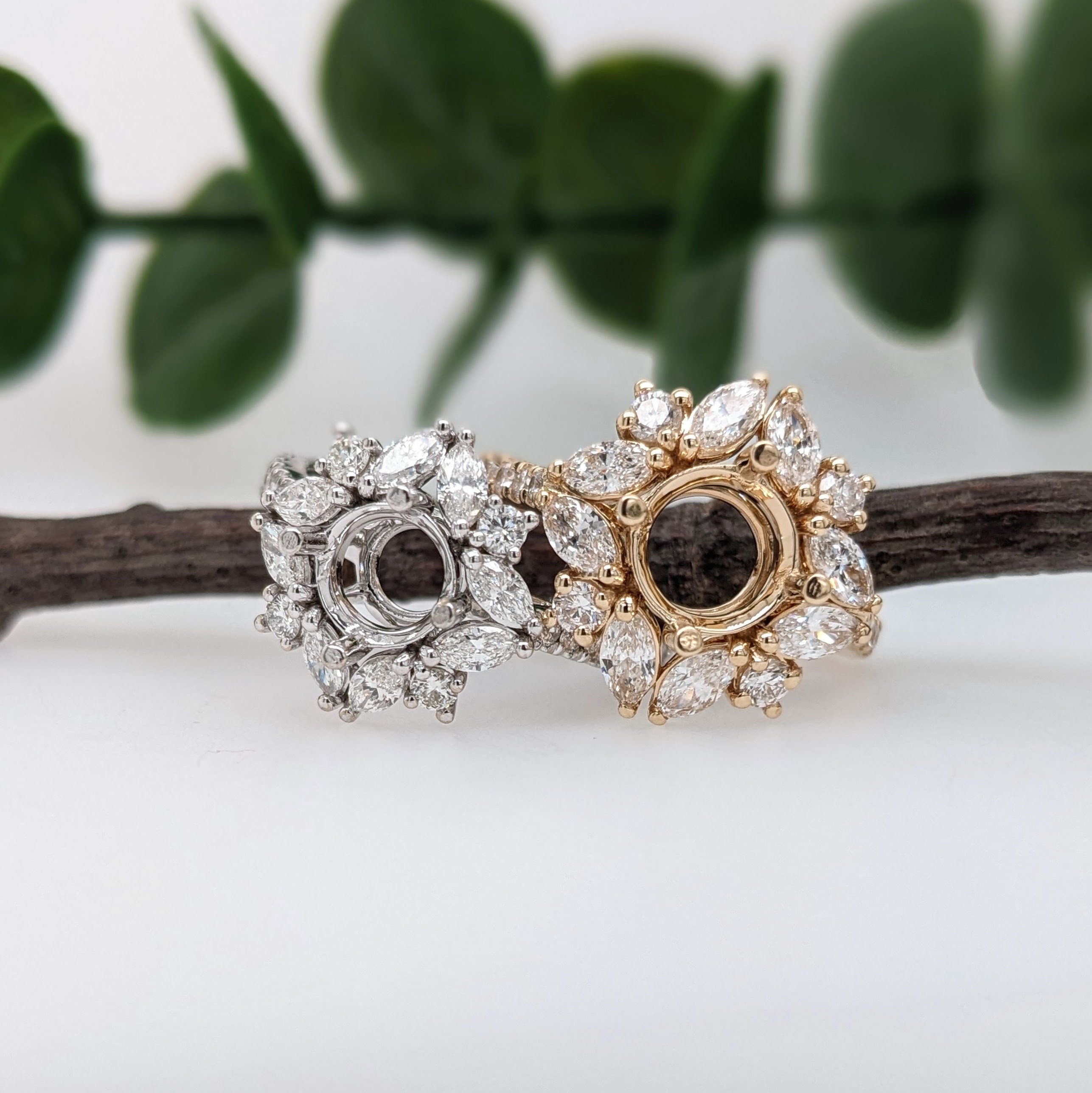 Statement Rings-Vintage Snowflake Ring Setting W Marquise & Round Diamond Accents in 14K Solid Gold | Round Shape 5mm 6mm 7mm 8mm 9mm 10mm | Customizable - NNJGemstones