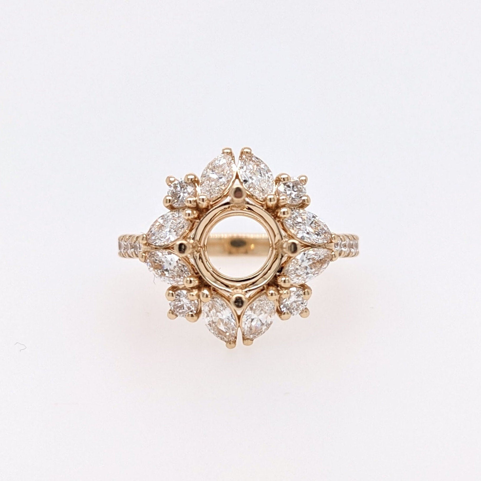 Statement Rings-Vintage Snowflake Ring Setting W Marquise & Round Diamond Accents in 14K Solid Gold | Round Shape 5mm 6mm 7mm 8mm 9mm 10mm | Customizable - NNJGemstones