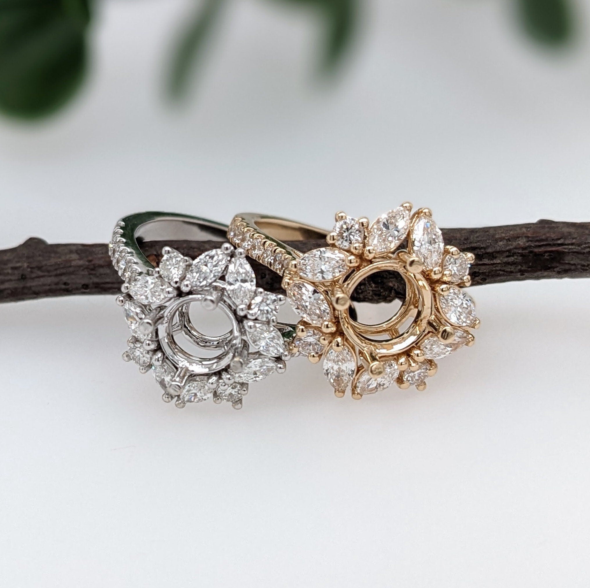 Statement Rings-Vintage Snowflake Ring Setting W Marquise & Round Diamond Accents in 14K Solid Gold | Round Shape 5mm 6mm 7mm 8mm 9mm 10mm | Customizable - NNJGemstones