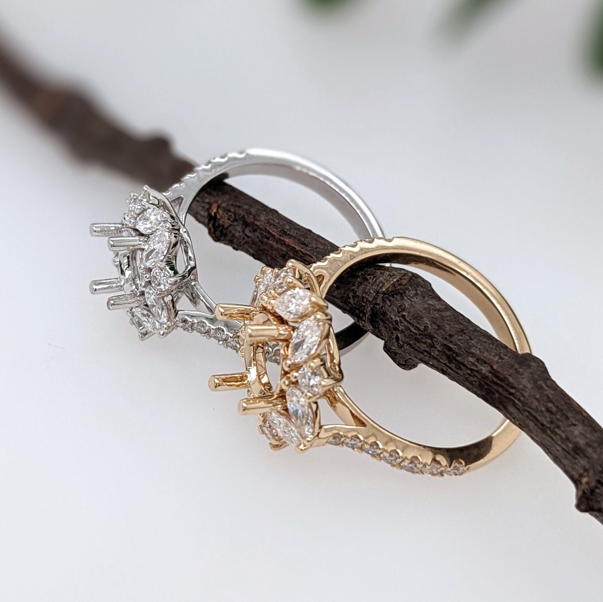 Statement Rings-Vintage Snowflake Ring Setting W Marquise & Round Diamond Accents in 14K Solid Gold | Round Shape 5mm 6mm 7mm 8mm 9mm 10mm | Customizable - NNJGemstones