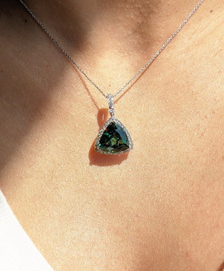 Pendants-Pendant Semi-Mount Trillion Shape in 14K White, Yellow or Rose Gold with Diamond Halo Accents || Heirloom Pendant || Custom Sizes - NNJGemstones