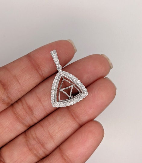 Pendants-Pendant Semi-Mount Trillion Shape in 14K White, Yellow or Rose Gold with Diamond Halo Accents || Heirloom Pendant || Custom Sizes - NNJGemstones