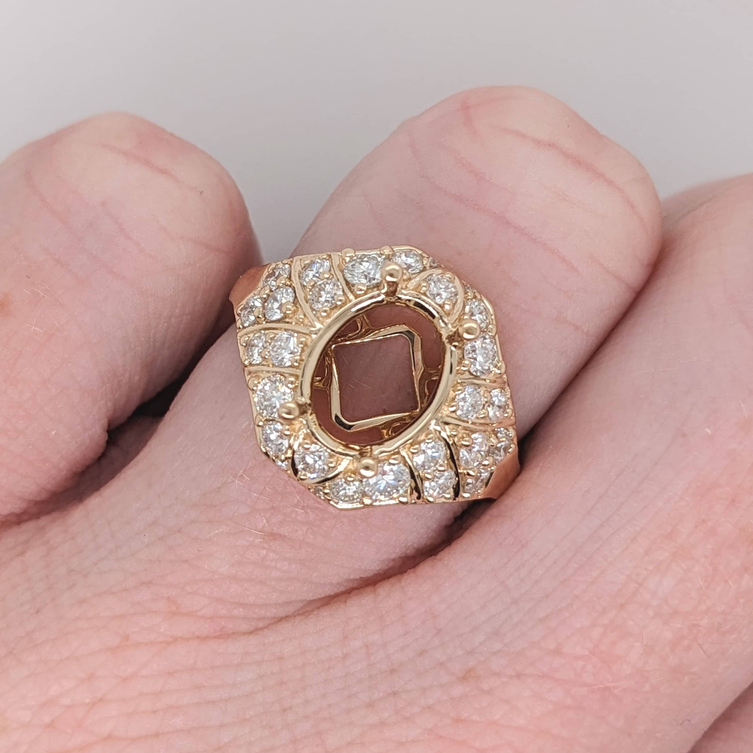 Statement Rings-Art Deco Style Ring Setting W Earth Mined Diamonds in 14K Solid Gold | Oval Cut 9x7 10x8 11x9 | Statement Jewelry | Customizable - NNJGemstones