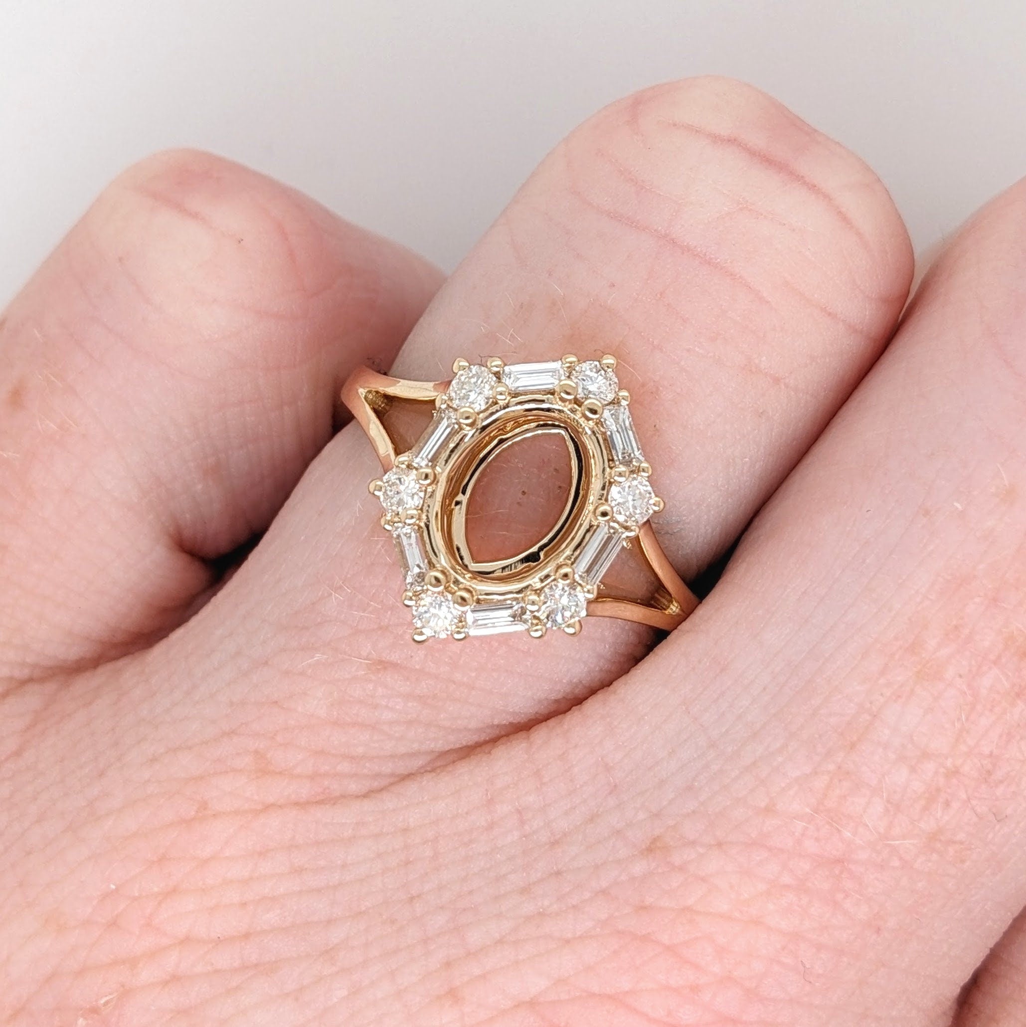 Statement Rings-Statement Ring Setting with Natural Round and Baguette Diamond Accents in 14K Solid Gold | Oval Shape 8x6 9x7 10x8 | Customizable - NNJGemstones