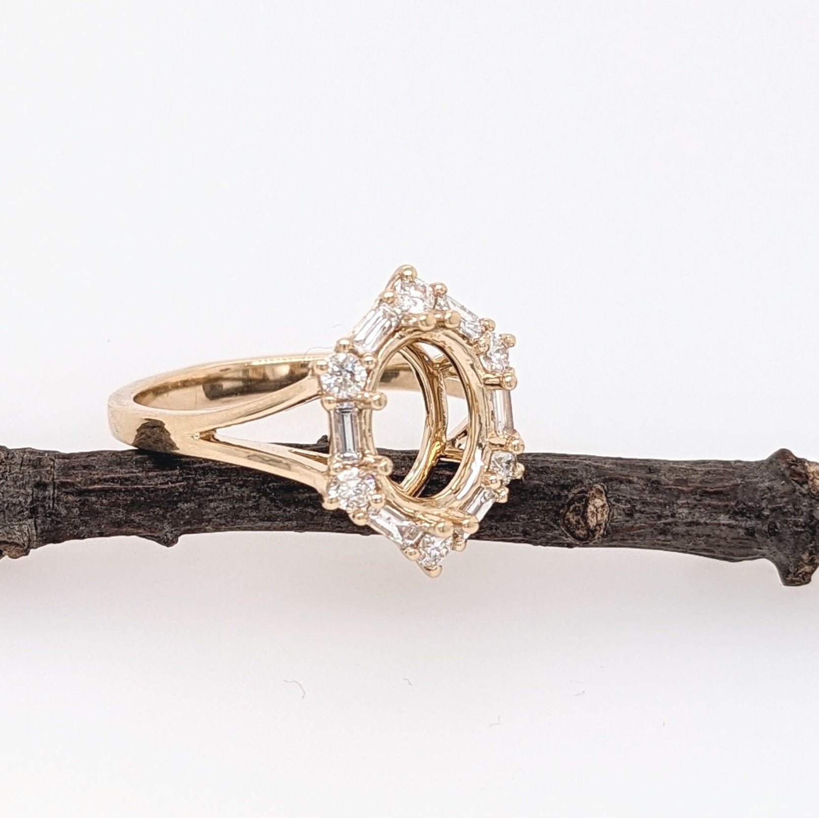 Statement Rings-Statement Ring Setting with Natural Round and Baguette Diamond Accents in 14K Solid Gold | Oval Shape 8x6 9x7 10x8 | Customizable - NNJGemstones