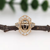 Vintage Inspired Ring Semi Mount w Baguette and Round Diamonds in 14K Gold | Oval Shape | Custom Gemstone Jewelry