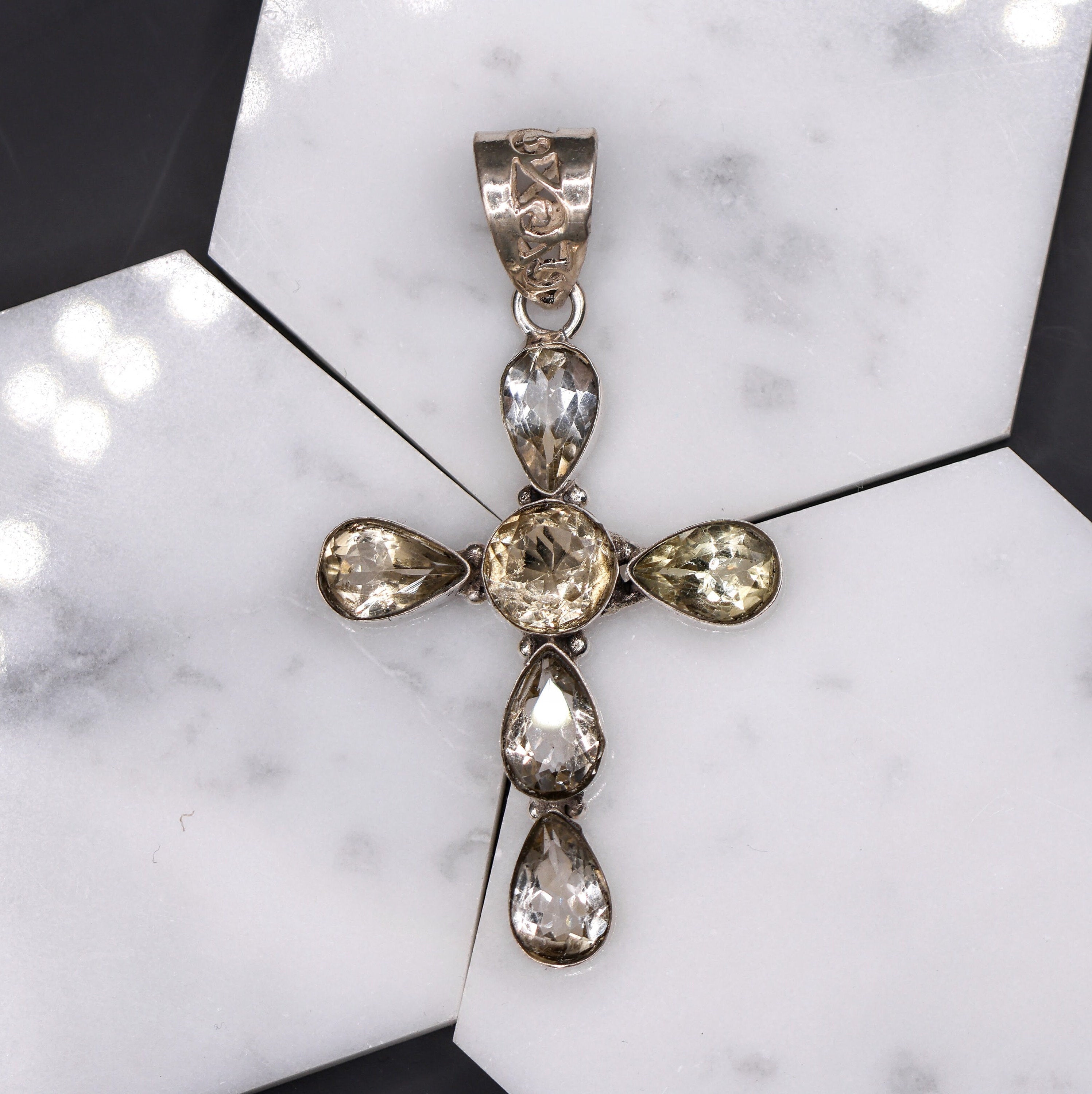 Pendants-Bright Smokey Quartz Cross Pendant in Solid Silver || Previously Loved || Light Color Gemstone || April Birthstone || - NNJGemstones