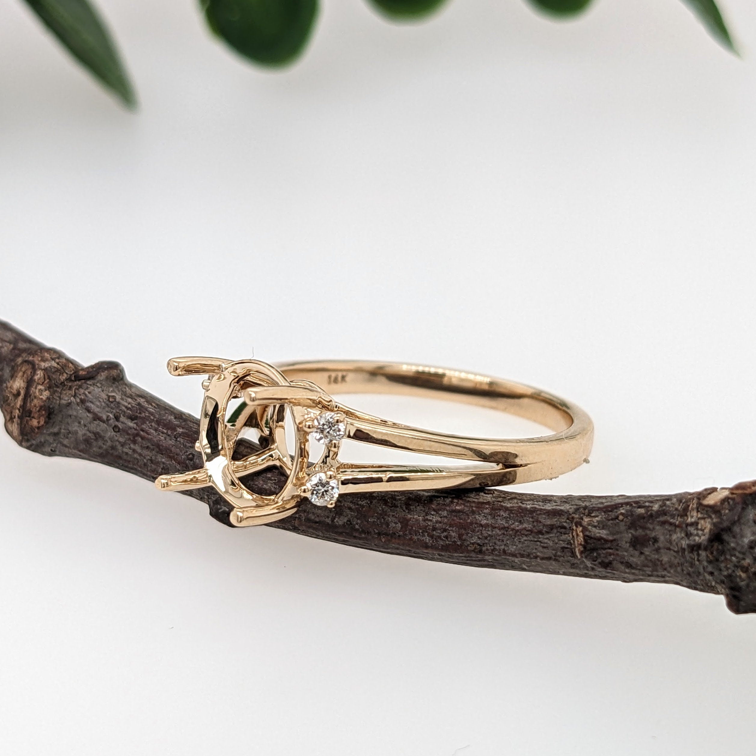 Engagement Rings-Classic Round Ring Setting with Natural Diamond Accents in 14K Solid Gold | Round Cut 8mm 8.5mm 9mm | Statement Ring Setting | Customizable - NNJGemstones