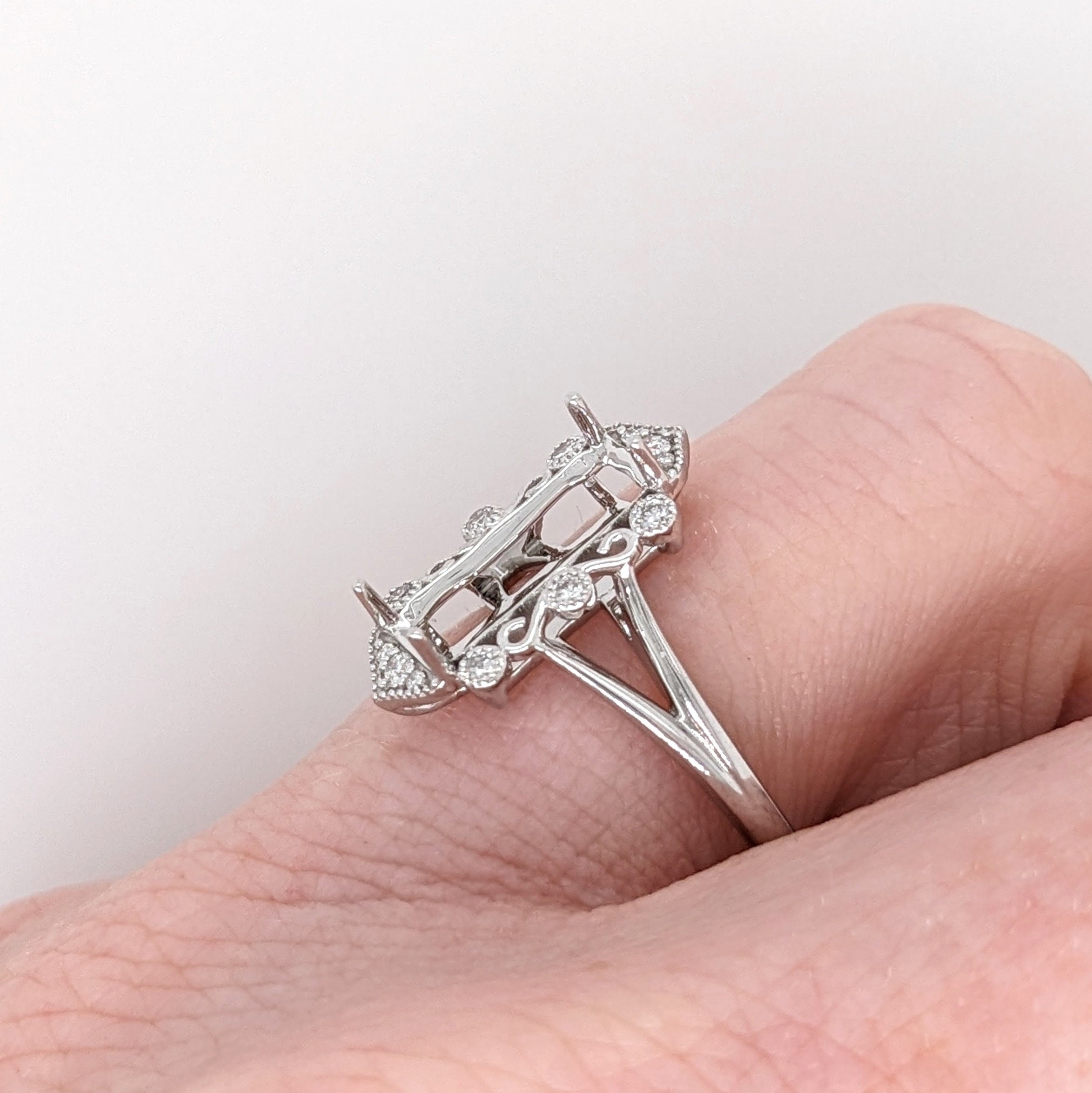 Statement Rings-Vintage Inspired Ring Setting w Natural Diamond Accents in 14K Solid Gold | Emerald 11.5x4.5 10x7.5 11x8 | Gemstone Setting | Customizable - NNJGemstones