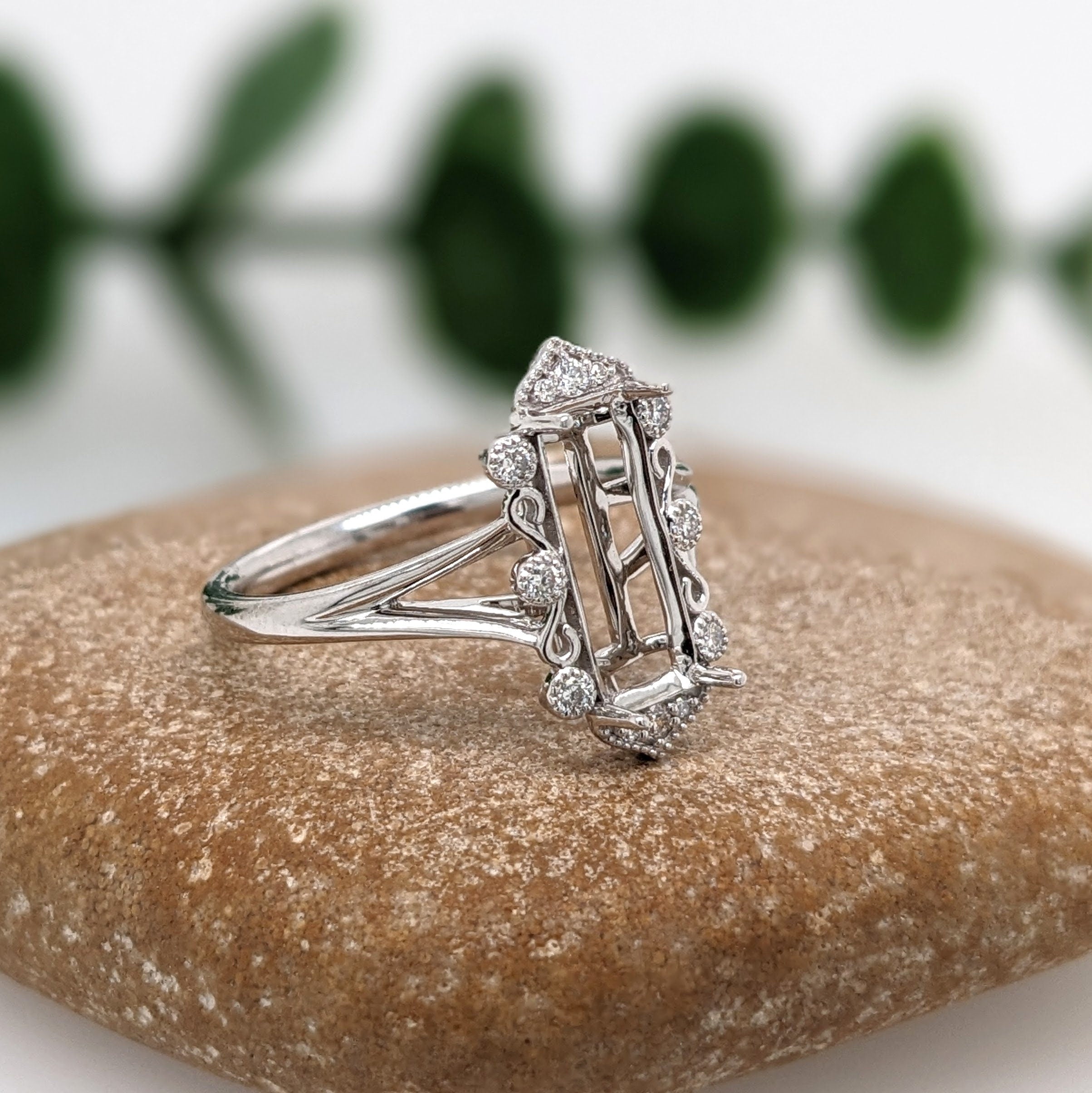 Statement Rings-Vintage Inspired Ring Setting w Natural Diamond Accents in 14K Solid Gold | Emerald 11.5x4.5 10x7.5 11x8 | Gemstone Setting | Customizable - NNJGemstones