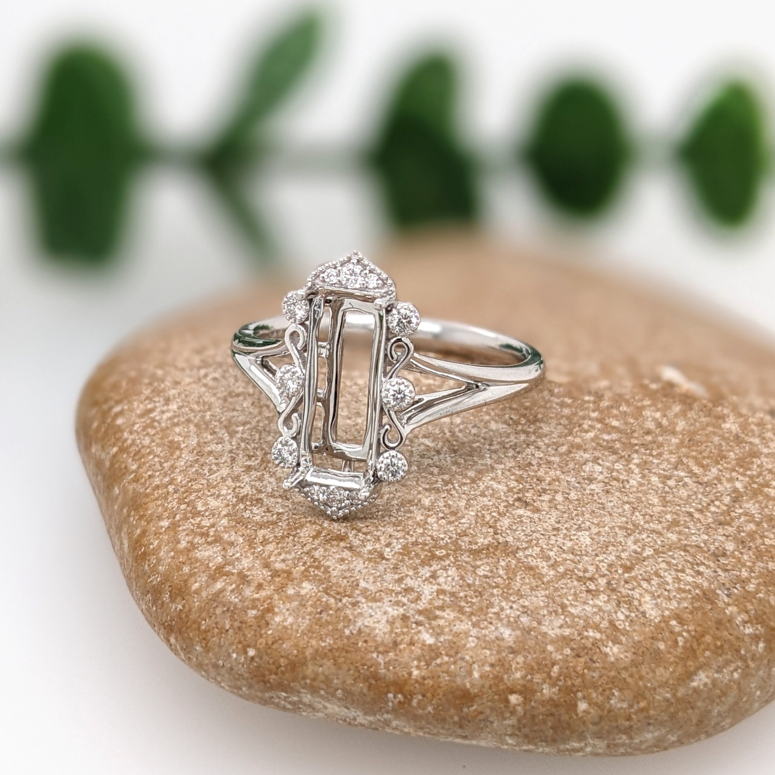 Statement Rings-Vintage Inspired Ring Setting w Natural Diamond Accents in 14K Solid Gold | Emerald 11.5x4.5 10x7.5 11x8 | Gemstone Setting | Customizable - NNJGemstones