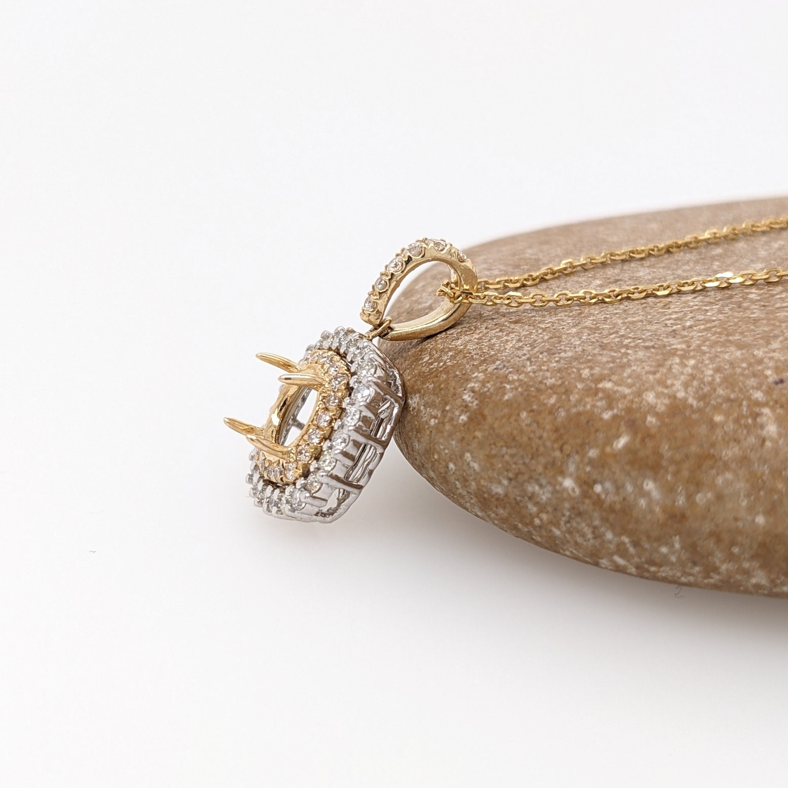 Pendants-Classic Pendant Setting W Double Halo of Natural Diamonds in 14K Solid Gold | Diamond Stud Bail | Round Shape 6mm 7mm 8mm | Customizable - NNJGemstones