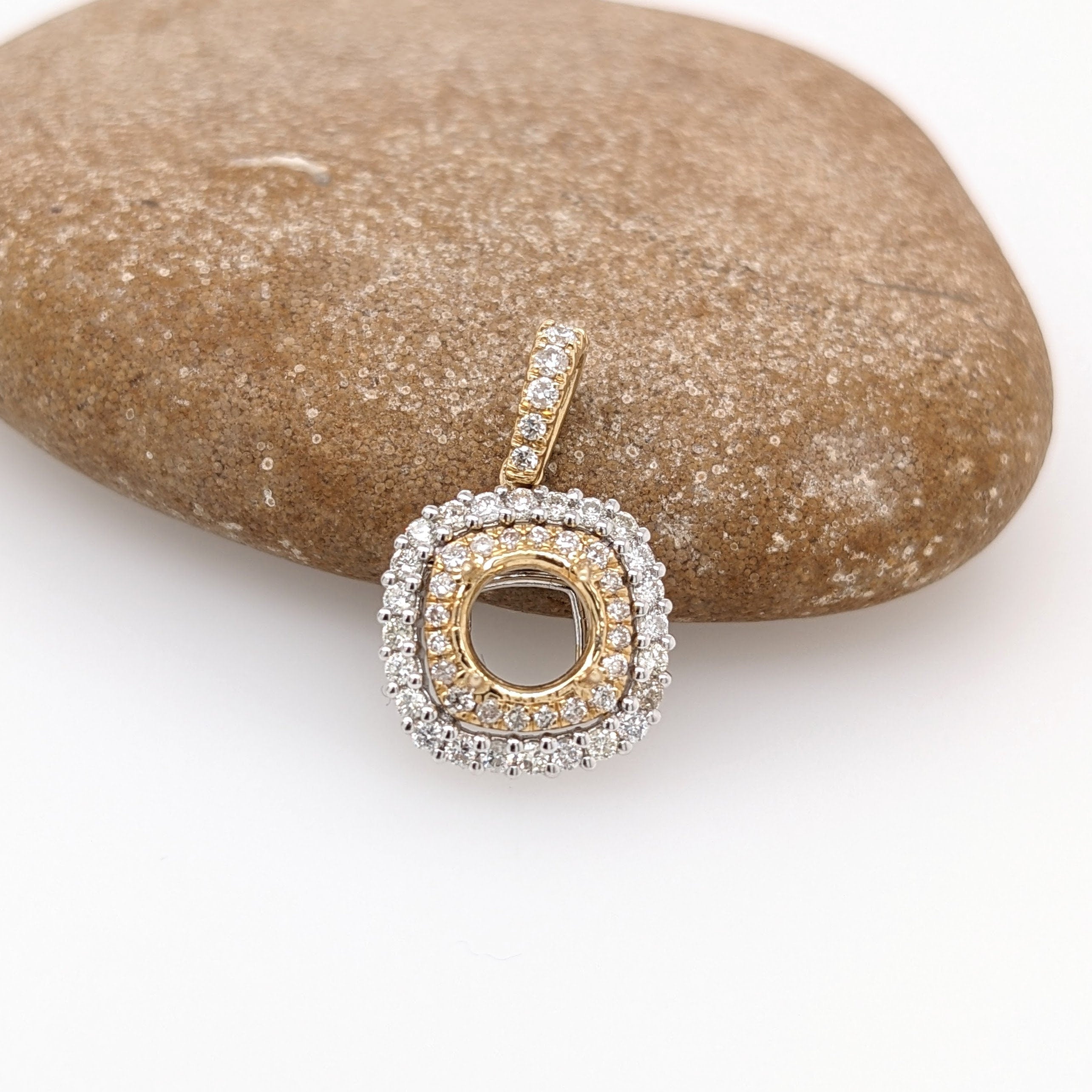 Pendants-Classic Pendant Setting W Double Halo of Natural Diamonds in 14K Solid Gold | Diamond Stud Bail | Round Shape 6mm 7mm 8mm | Customizable - NNJGemstones