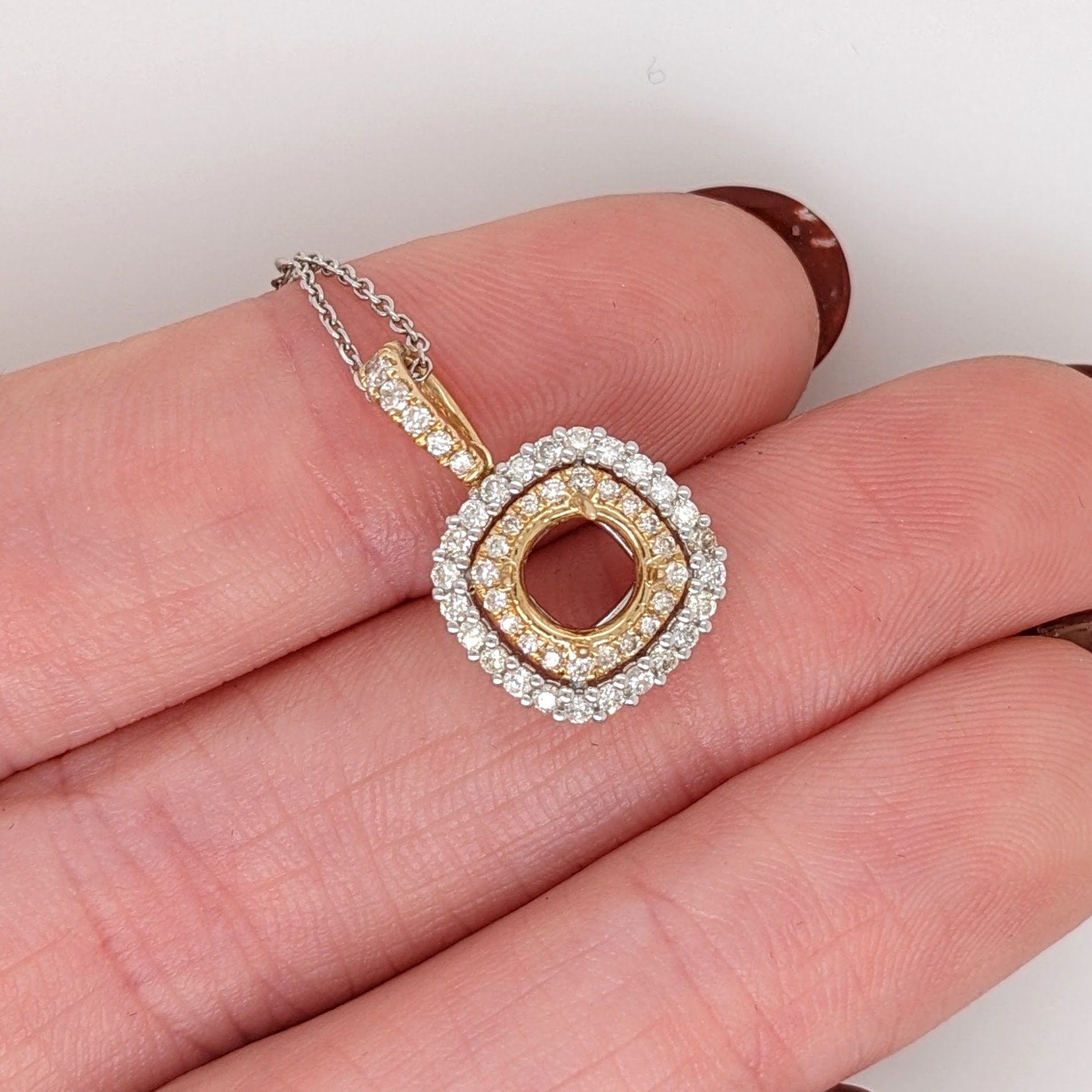 Pendants-Classic Pendant Setting W Double Halo of Natural Diamonds in 14K Solid Gold | Diamond Stud Bail | Round Shape 6mm 7mm 8mm | Customizable - NNJGemstones