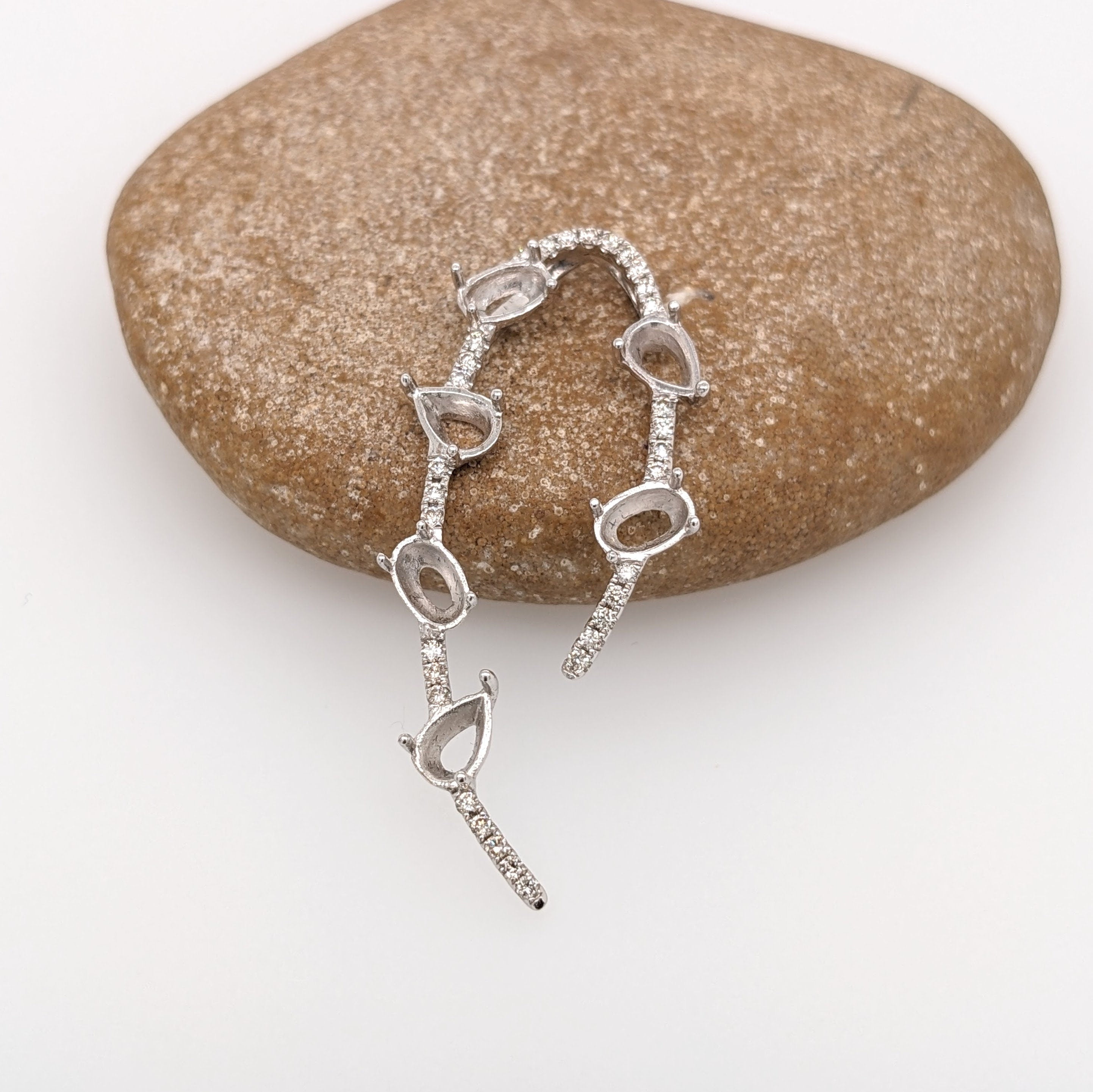 Pendants-Unique Diamond Pave Pendant Setting in 14K Solid Gold | Pear and Oval Shape Basket 6x4mm | 7 stone Semi Mount | Customizable - NNJGemstones