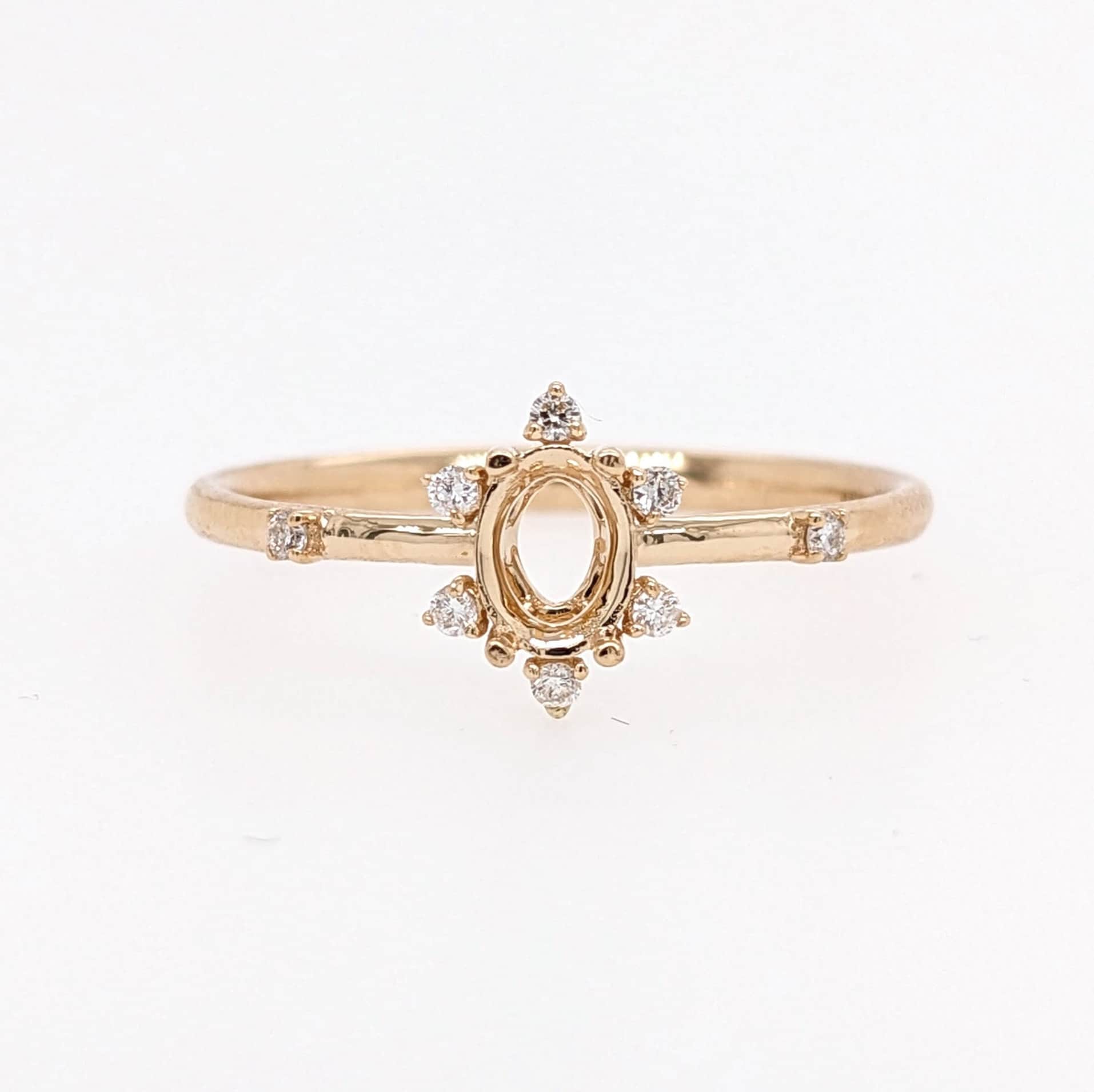 Statement Rings-Sunburst Inspired Ring Setting in 14K Solid Gold w Natural Diamond Accents | Oval 5x3 6x4 7x5 | Floral Gemstone Setting | Customizable - NNJGemstones