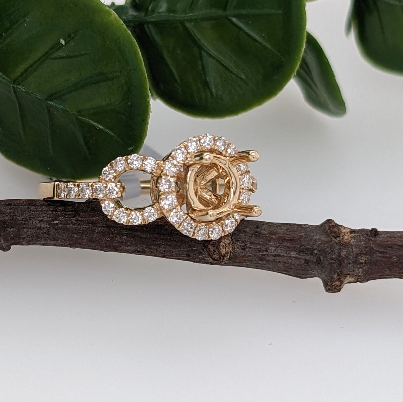 Statement Rings-Stunning Round Ring Setting w Natural Diamond Halo in 14K Solid Gold | Round 6mm 6.5mm 7mm | Statement Ring | Gemstone Ring | Customizable - NNJGemstones