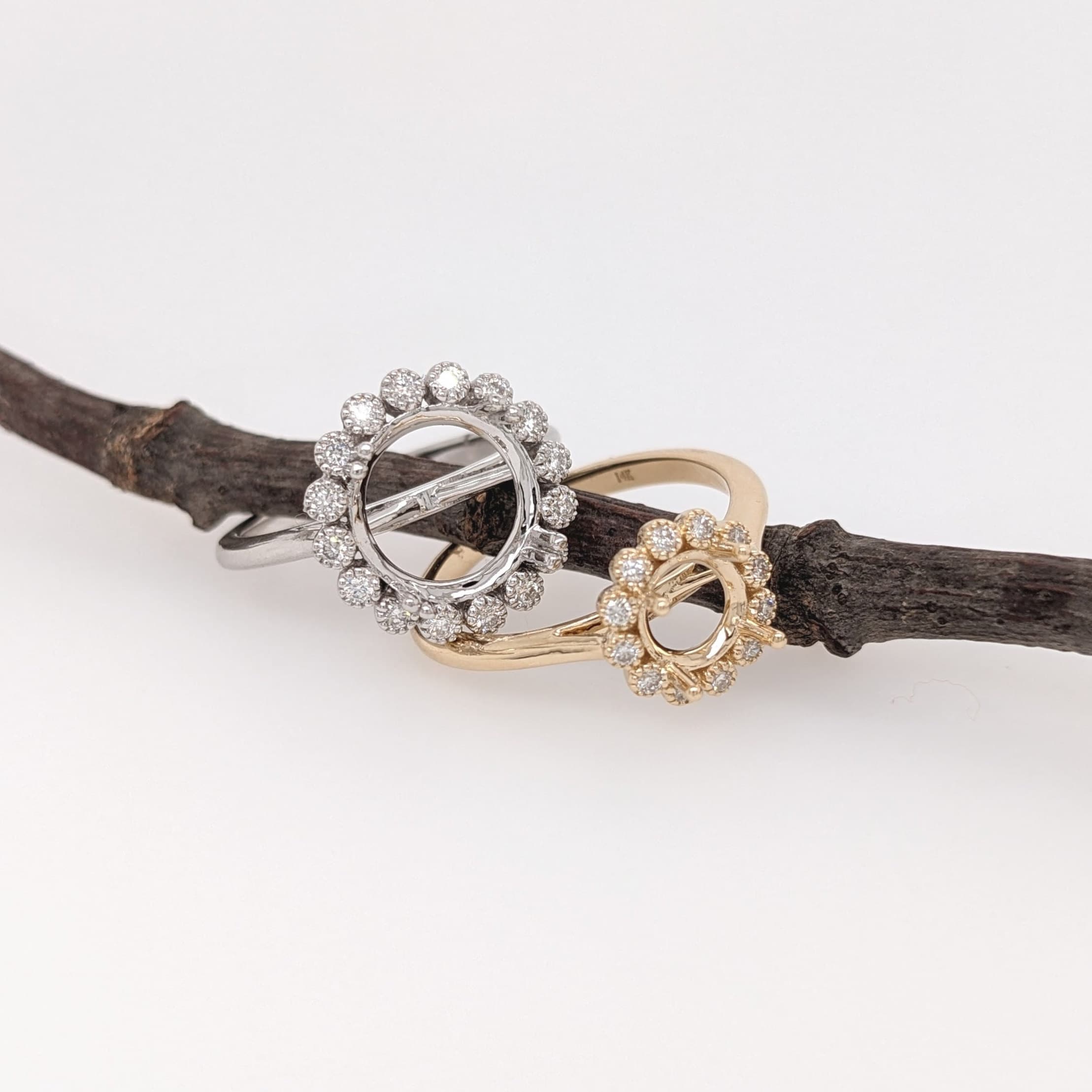 Statement Rings-Floral Inspired Ring Setting w Natural Diamond Halo in 14K Solid Gold | Round 6mm 7mm 8mm 9mm 10mm | Customizable - NNJGemstones