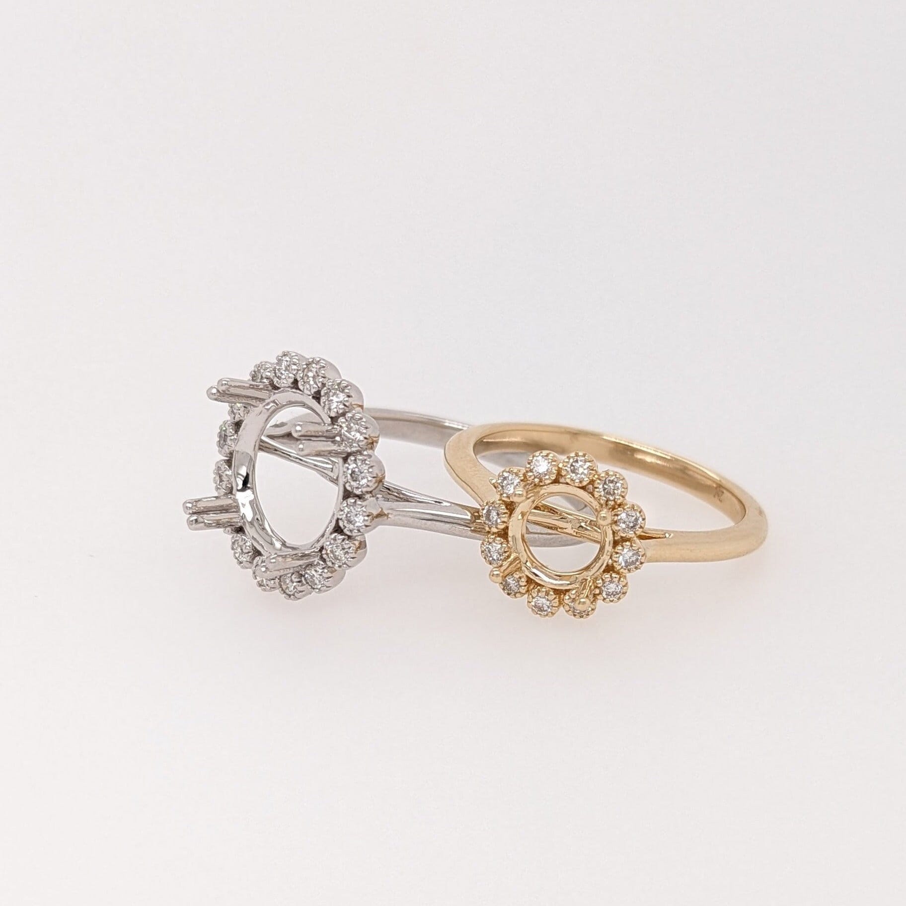 Statement Rings-Floral Inspired Ring Setting w Natural Diamond Halo in 14K Solid Gold | Round 6mm 7mm 8mm 9mm 10mm | Customizable - NNJGemstones
