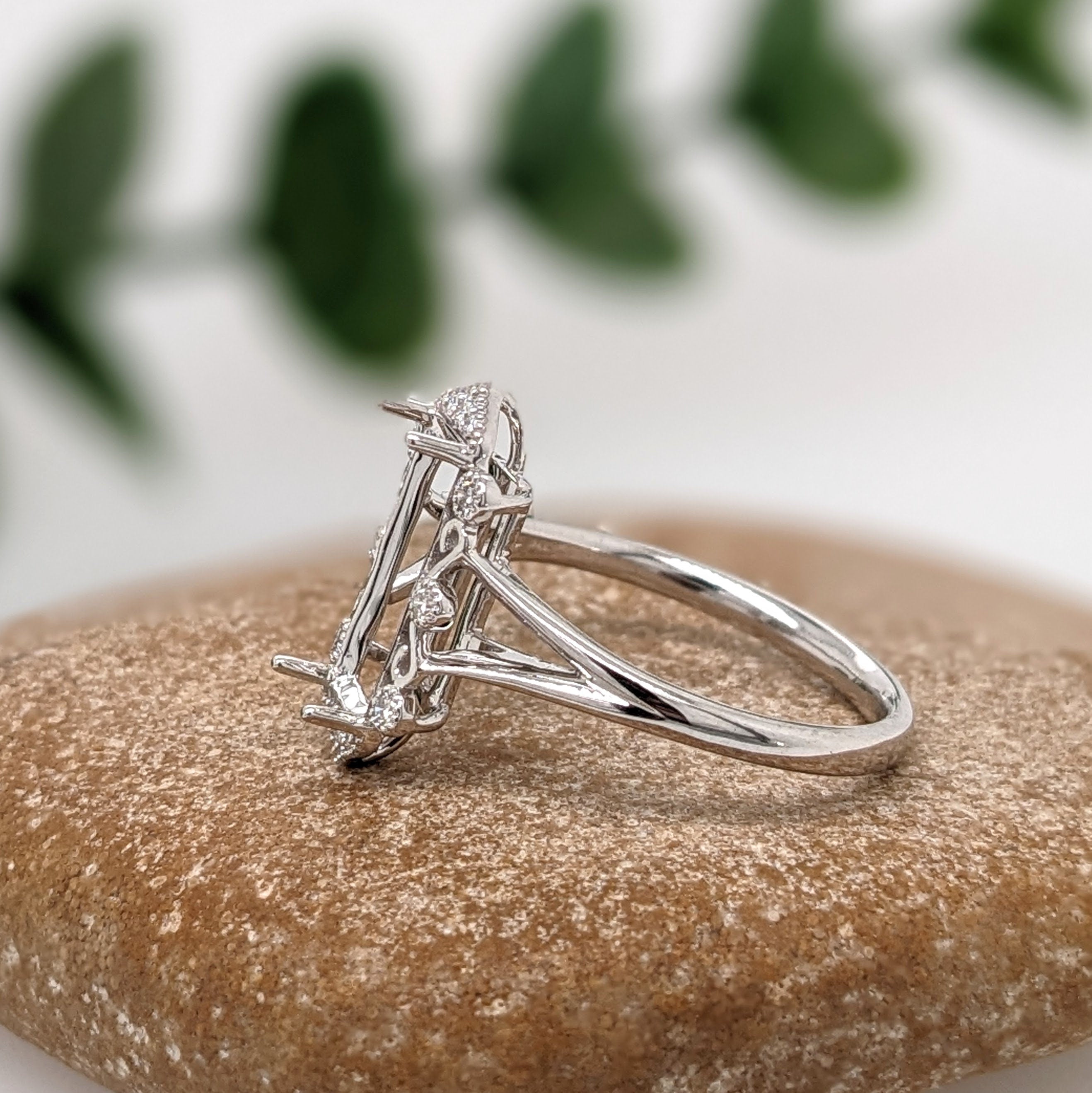 Statement Rings-Vintage Inspired Ring Setting w Natural Diamond Accents in 14K Solid Gold | Emerald 11.5x4.5 10x7.5 11x8 | Gemstone Setting | Customizable - NNJGemstones