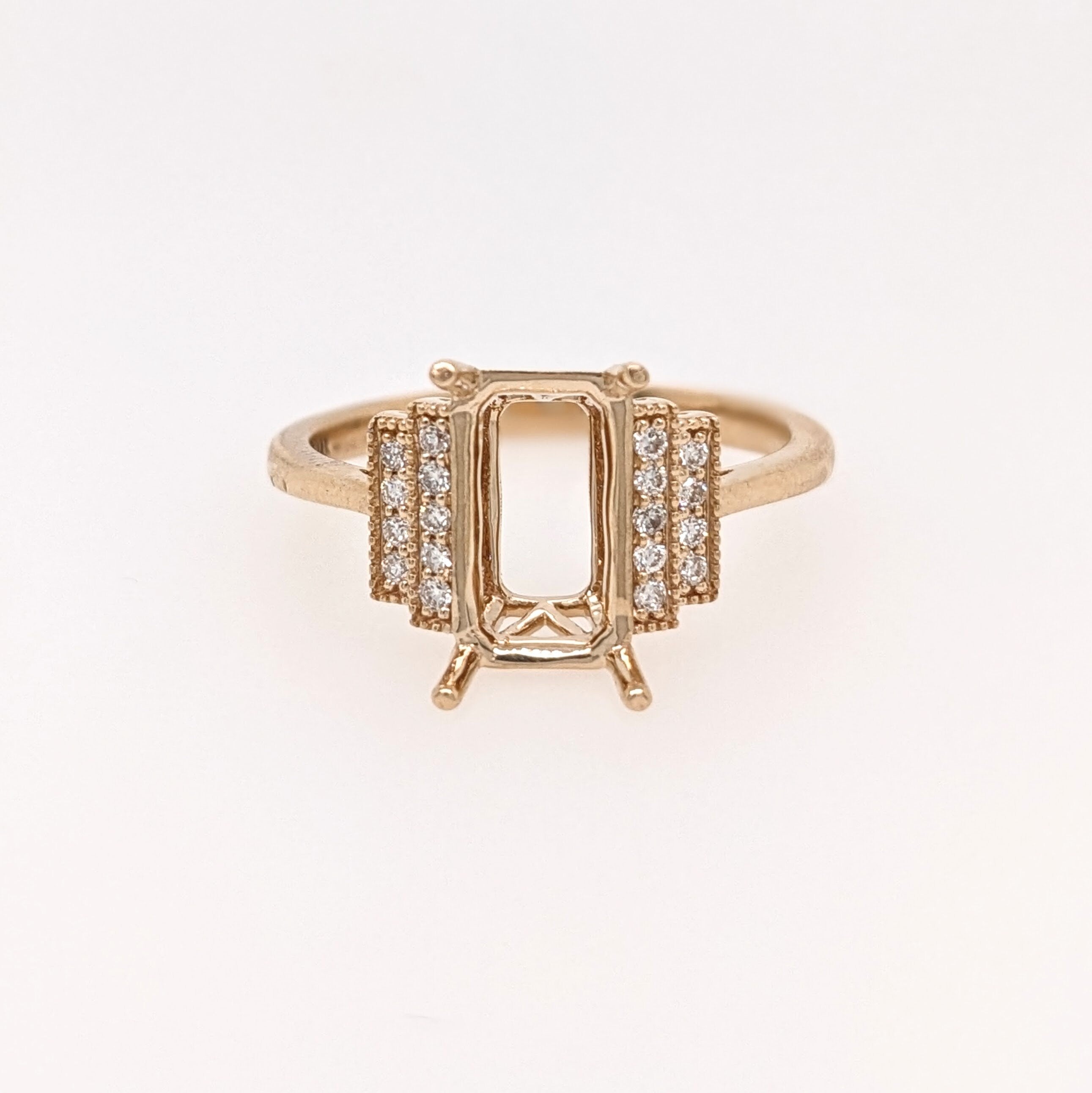 Statement Rings-Statement Ring Setting W Round Earth Mined Diamond Accents and Milgrain Details in 14K Solid Gold | Emerald Cut 10x5.5mm | Customizable - NNJGemstones