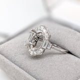 Vintage Inspired Ring Semi Mount w Baguette and Round Diamonds in 14K Gold | Oval Shape | Custom Gemstone Jewelry