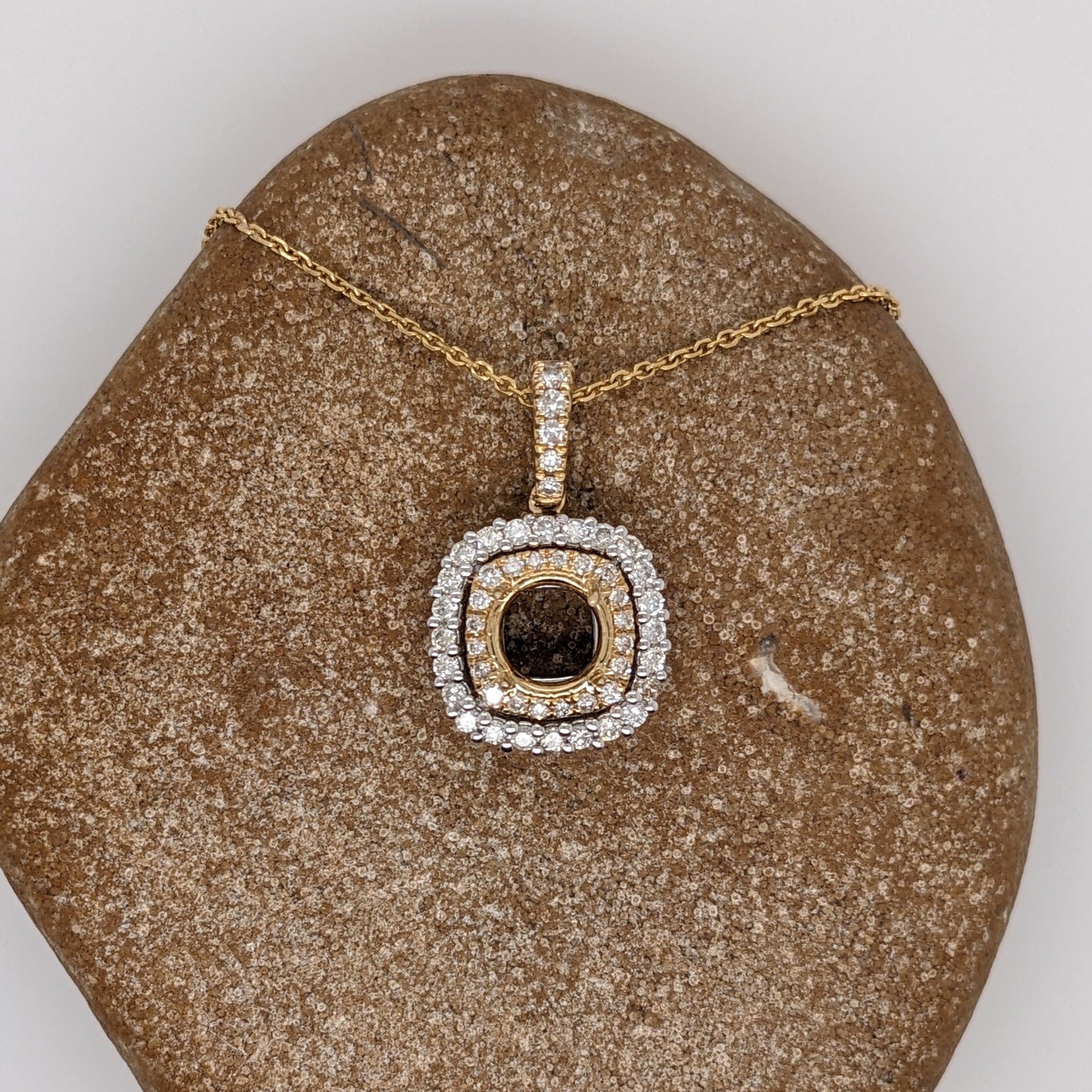 Pendants-Classic Pendant Setting W Double Halo of Natural Diamonds in 14K Solid Gold | Diamond Stud Bail | Round Shape 6mm 7mm 8mm | Customizable - NNJGemstones