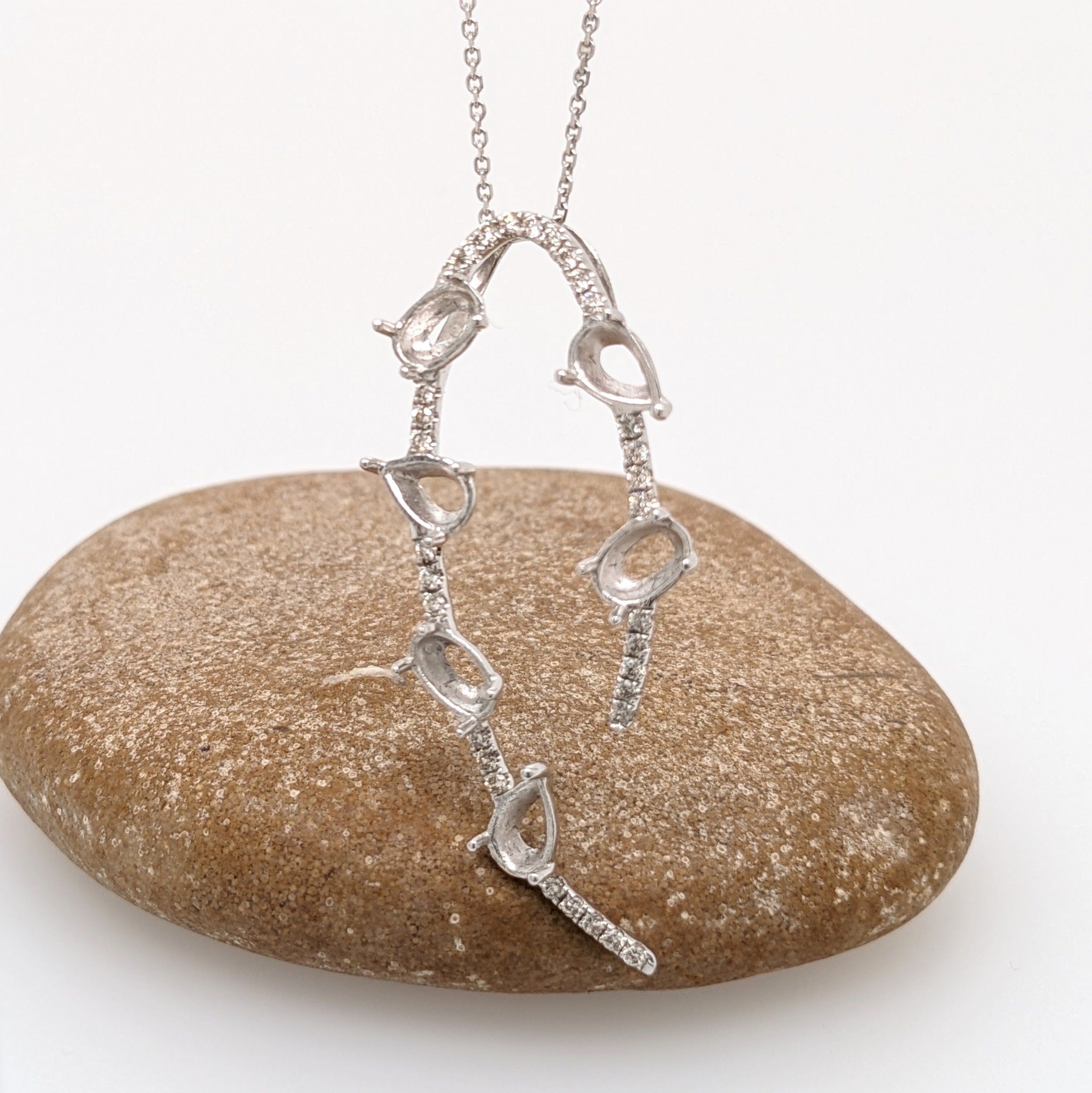 Pendants-Unique Diamond Pave Pendant Setting in 14K Solid Gold | Pear and Oval Shape Basket 6x4mm | 7 stone Semi Mount | Customizable - NNJGemstones