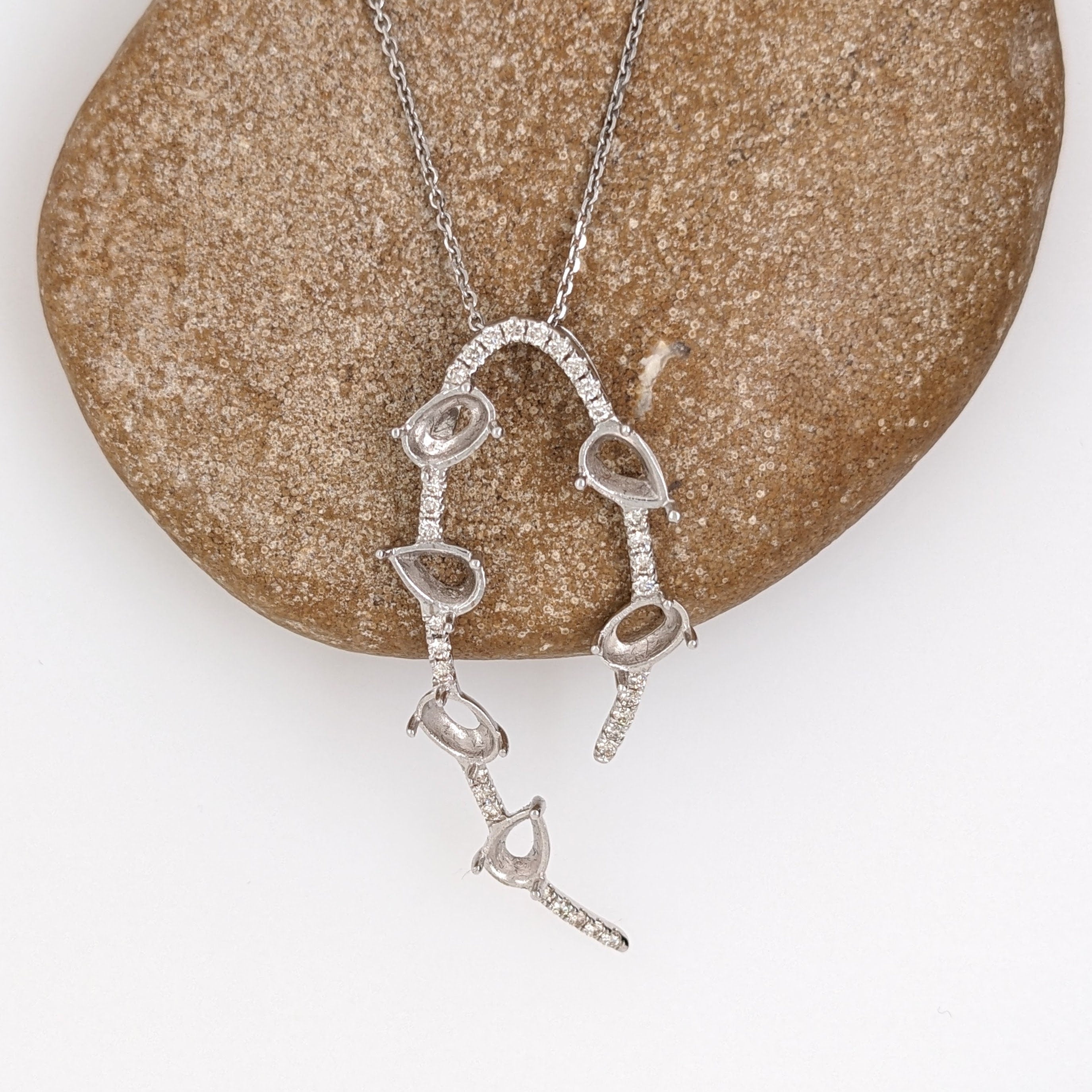 Pendants-Unique Diamond Pave Pendant Setting in 14K Solid Gold | Pear and Oval Shape Basket 6x4mm | 7 stone Semi Mount | Customizable - NNJGemstones