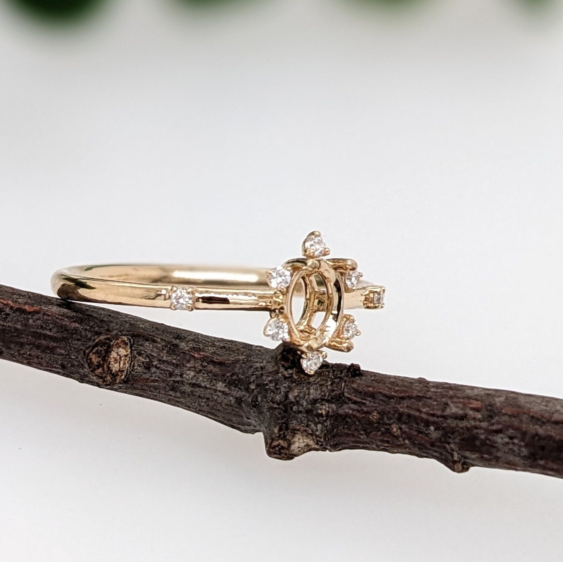 Statement Rings-Sunburst Inspired Ring Setting in 14K Solid Gold w Natural Diamond Accents | Oval 5x3 6x4 7x5 | Floral Gemstone Setting | Customizable - NNJGemstones