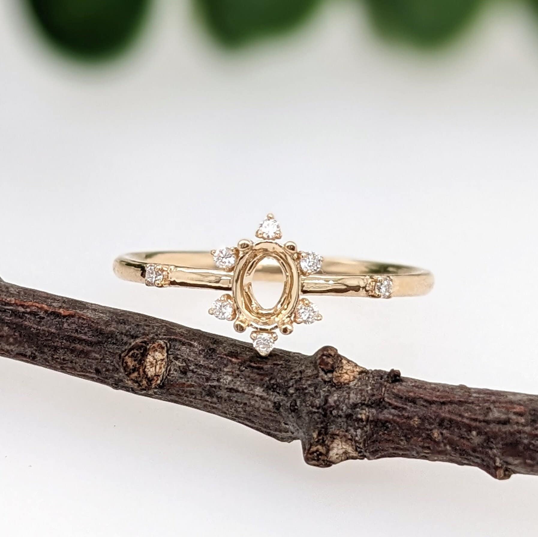 Statement Rings-Sunburst Inspired Ring Setting in 14K Solid Gold w Natural Diamond Accents | Oval 5x3 6x4 7x5 | Floral Gemstone Setting | Customizable - NNJGemstones