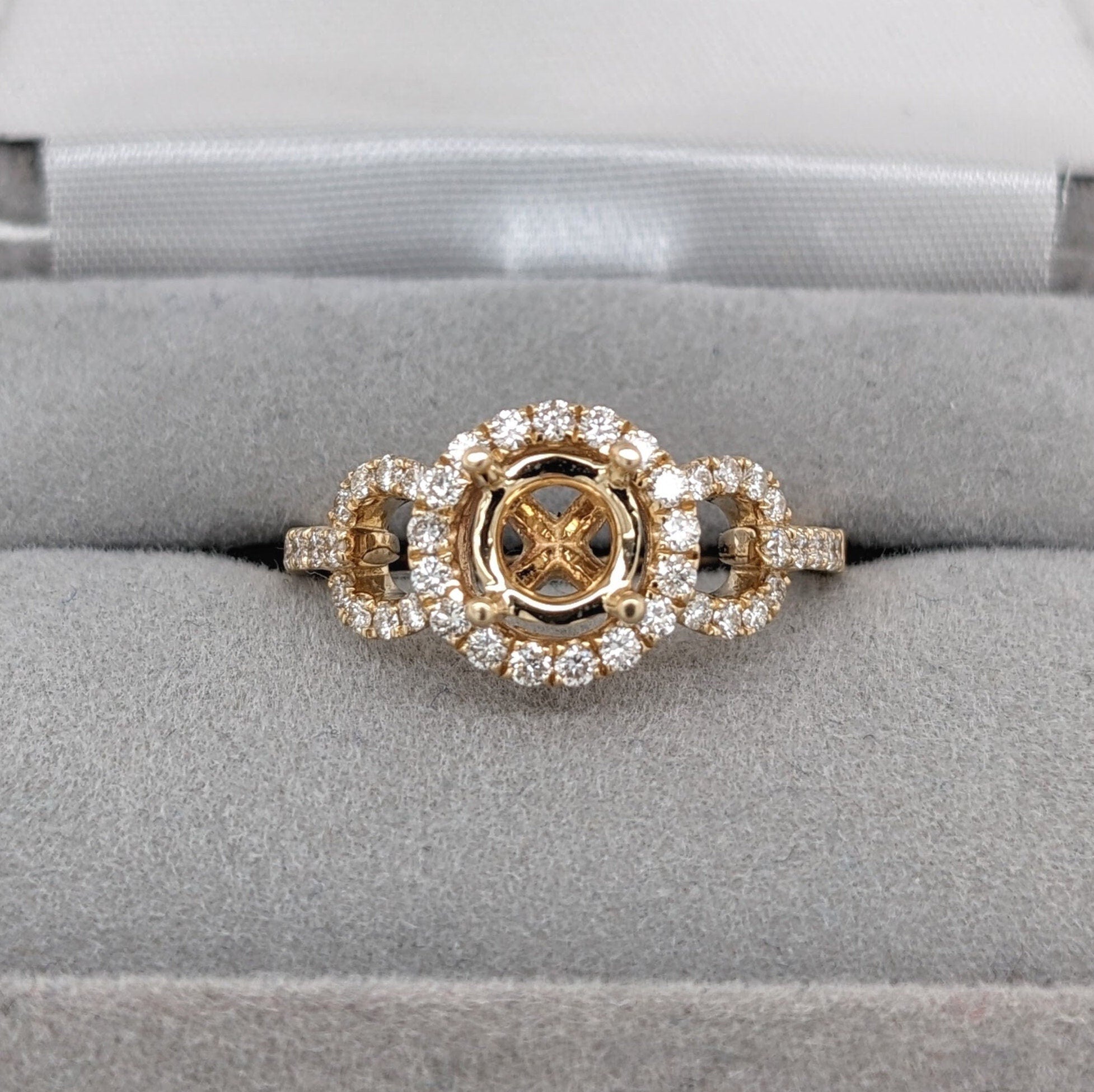 Statement Rings-Stunning Round Ring Setting w Natural Diamond Halo in 14K Solid Gold | Round 6mm 6.5mm 7mm | Statement Ring | Gemstone Ring | Customizable - NNJGemstones