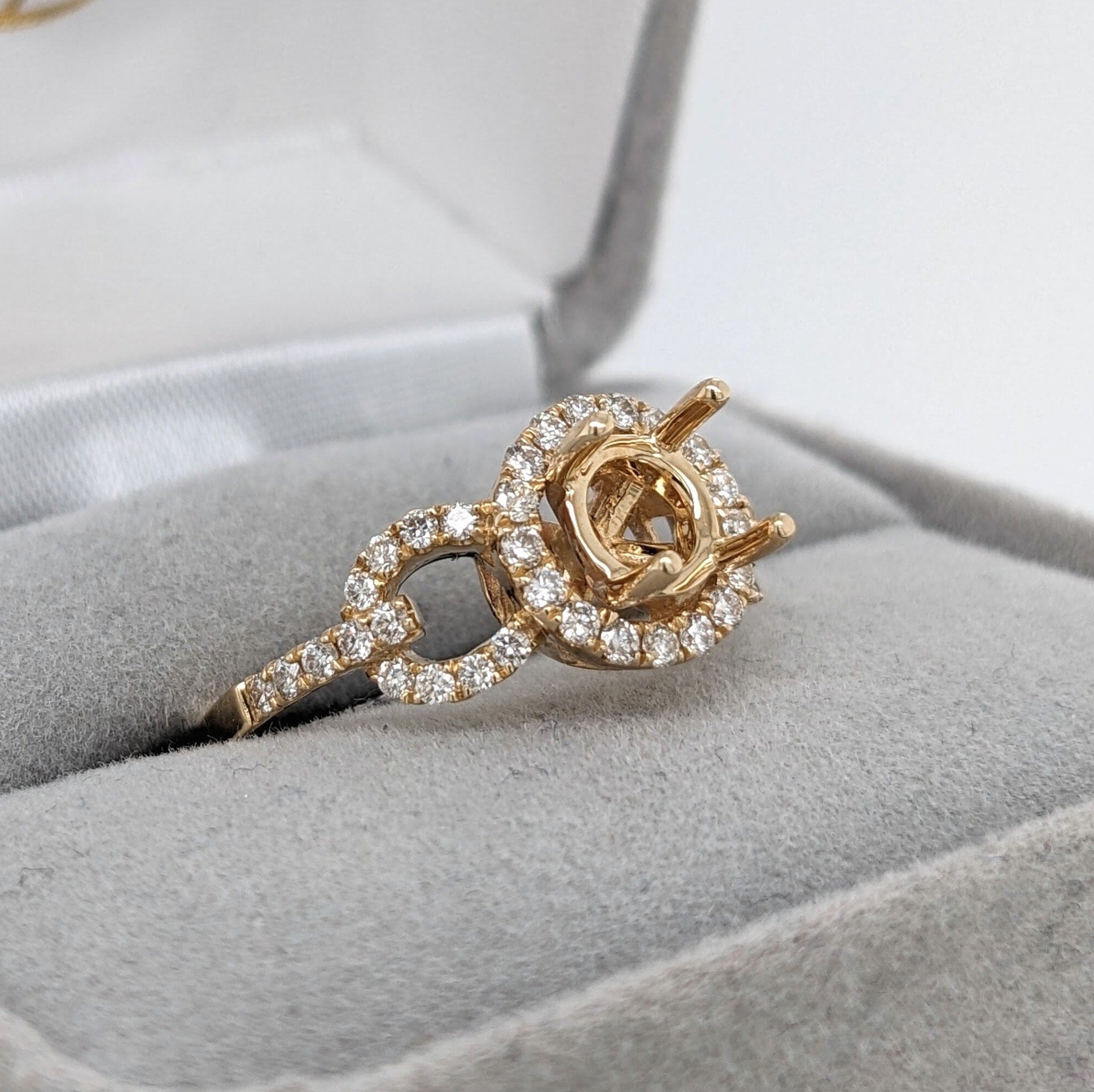 Statement Rings-Stunning Round Ring Setting w Natural Diamond Halo in 14K Solid Gold | Round 6mm 6.5mm 7mm | Statement Ring | Gemstone Ring | Customizable - NNJGemstones