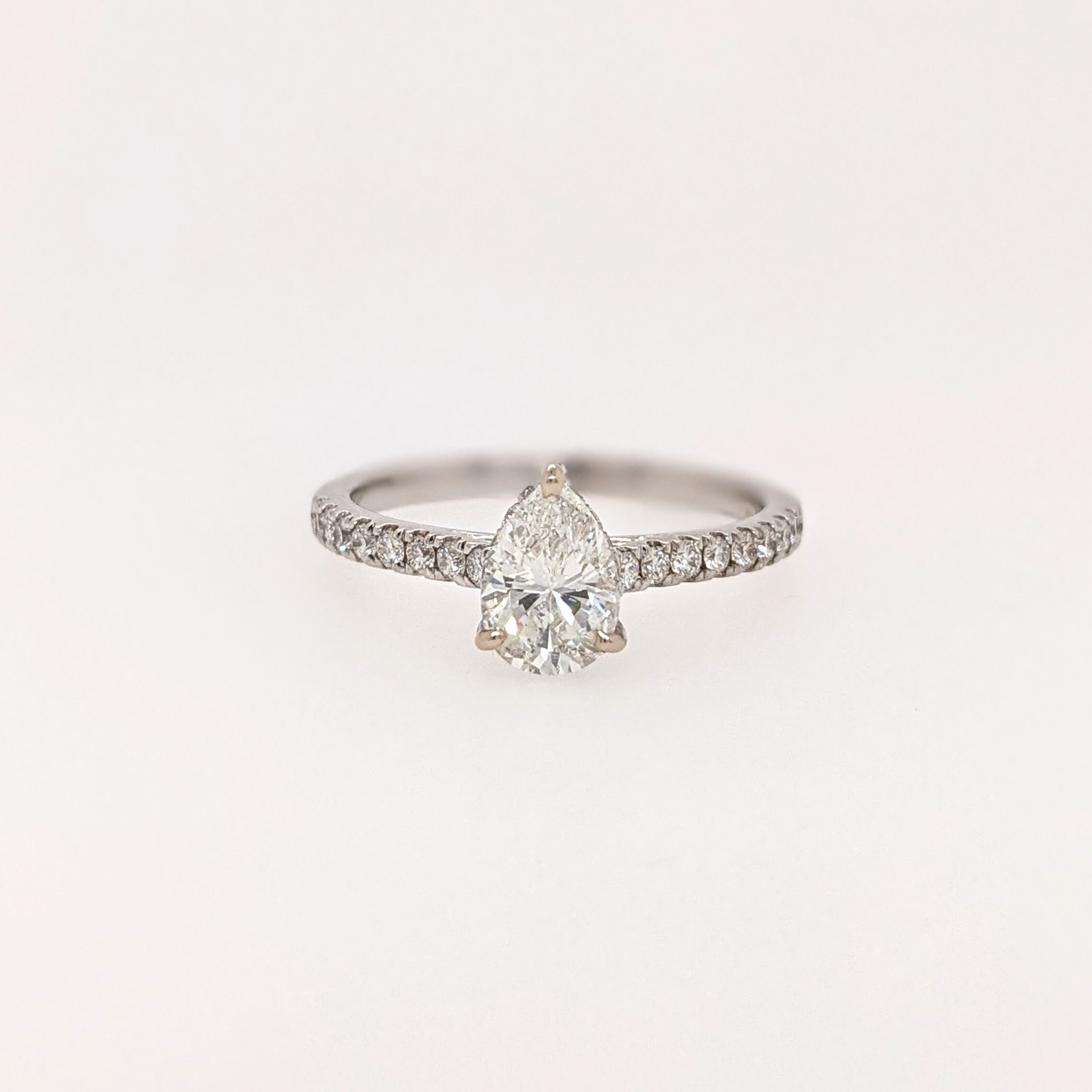 Engagement Rings-Elegant Ring Setting W Natural Diamond Hidden Halo in 14K Solid Gold | Pear Shape 7x5 8x6 9x7 | Pave Band | Gemstone Setting | Customizable - NNJGemstones