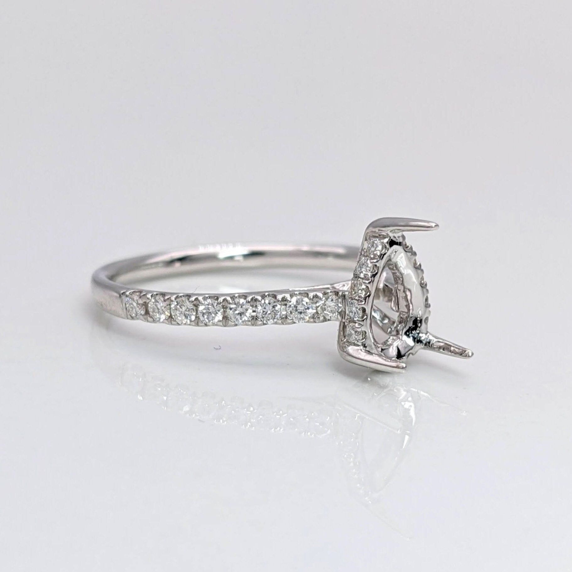 Engagement Rings-Elegant Ring Setting W Natural Diamond Hidden Halo in 14K Solid Gold | Pear Shape 7x5 8x6 9x7 | Pave Band | Gemstone Setting | Customizable - NNJGemstones