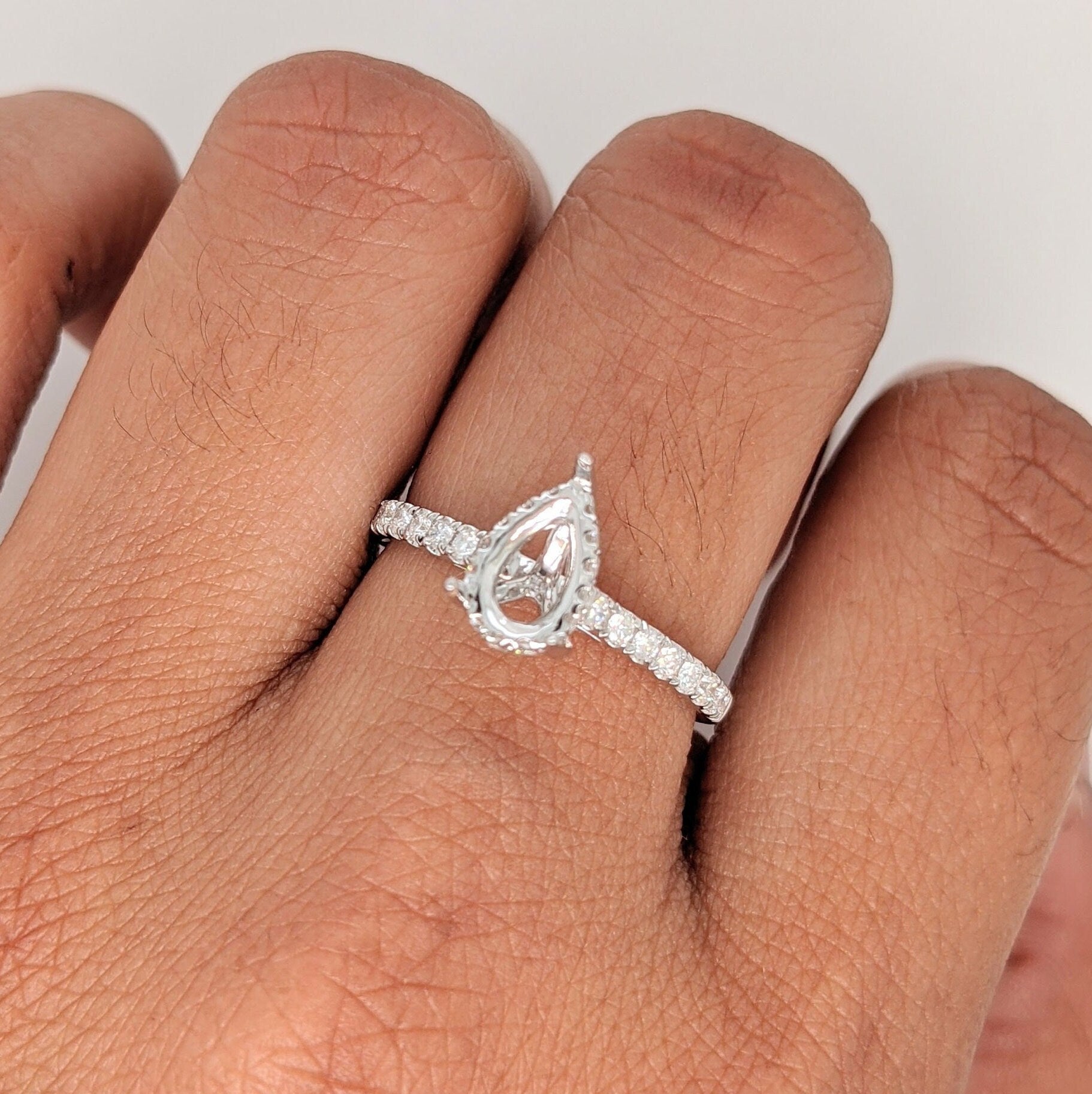 Engagement Rings-Elegant Ring Setting W Natural Diamond Hidden Halo in 14K Solid Gold | Pear Shape 7x5 8x6 9x7 | Pave Band | Gemstone Setting | Customizable - NNJGemstones